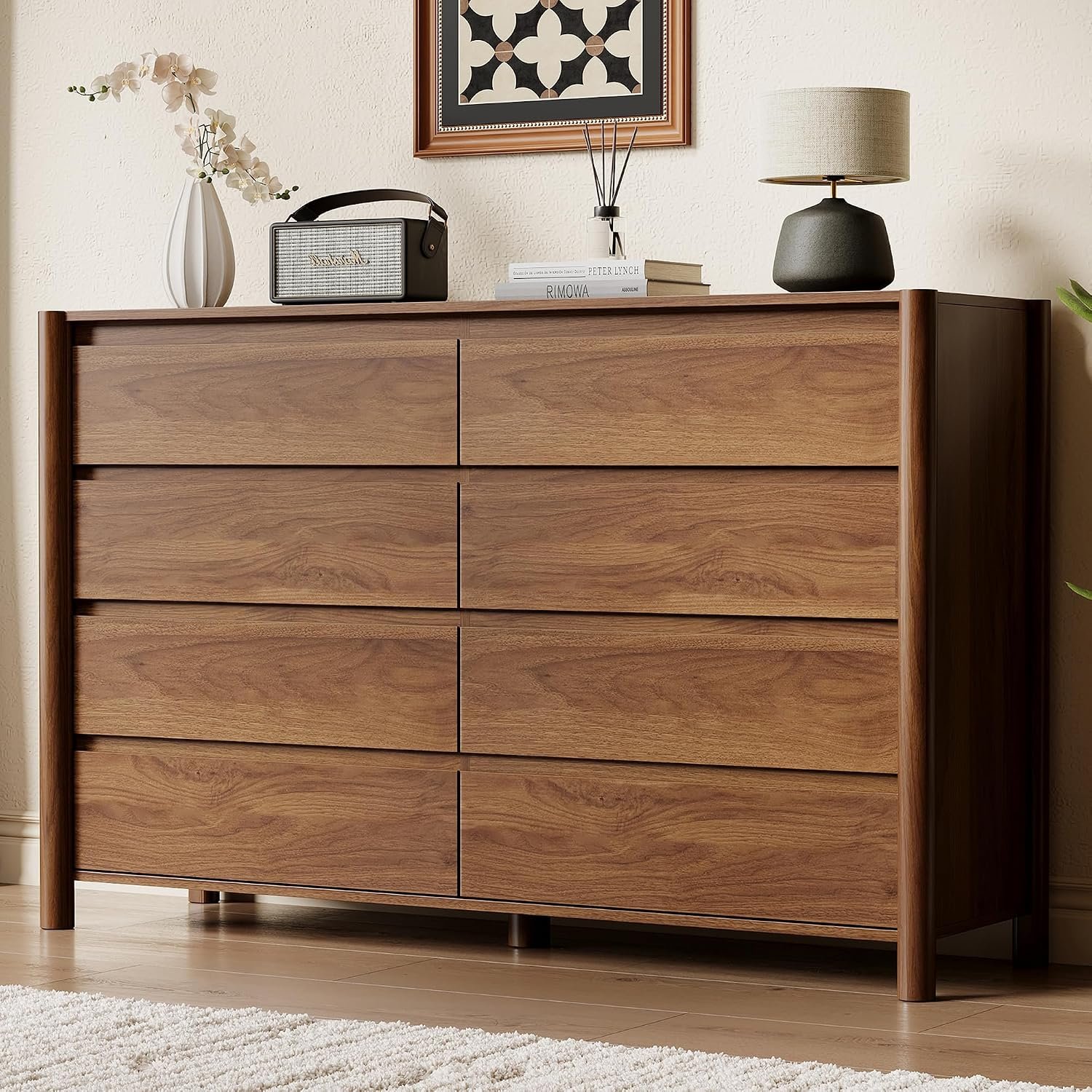 HOUROM Walnut Dresser for Bedroom,55″Wide 8 Drawer Mid Century Modern Chest