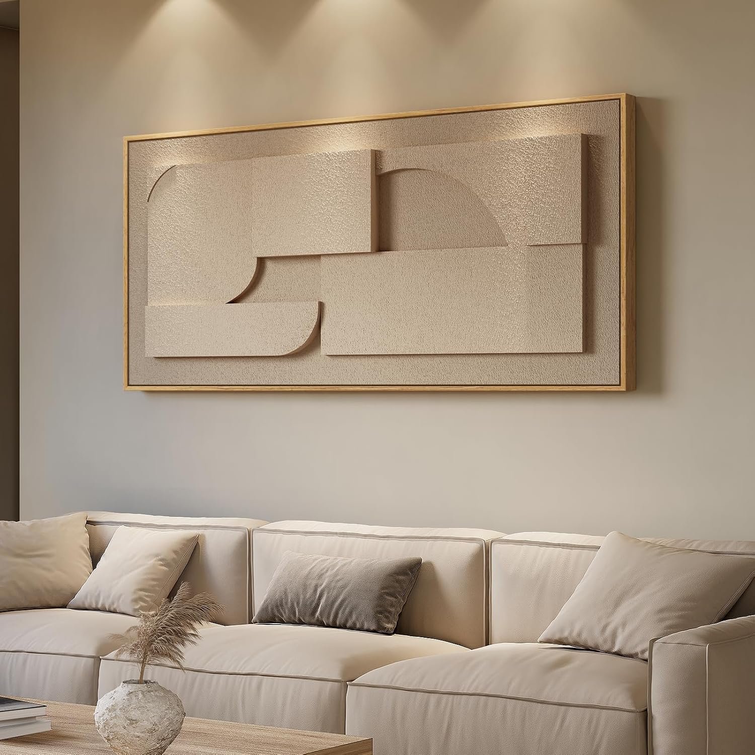Large Framed 3D Neutral Abstract Wall Art for Living Room, Horizontal 60×30