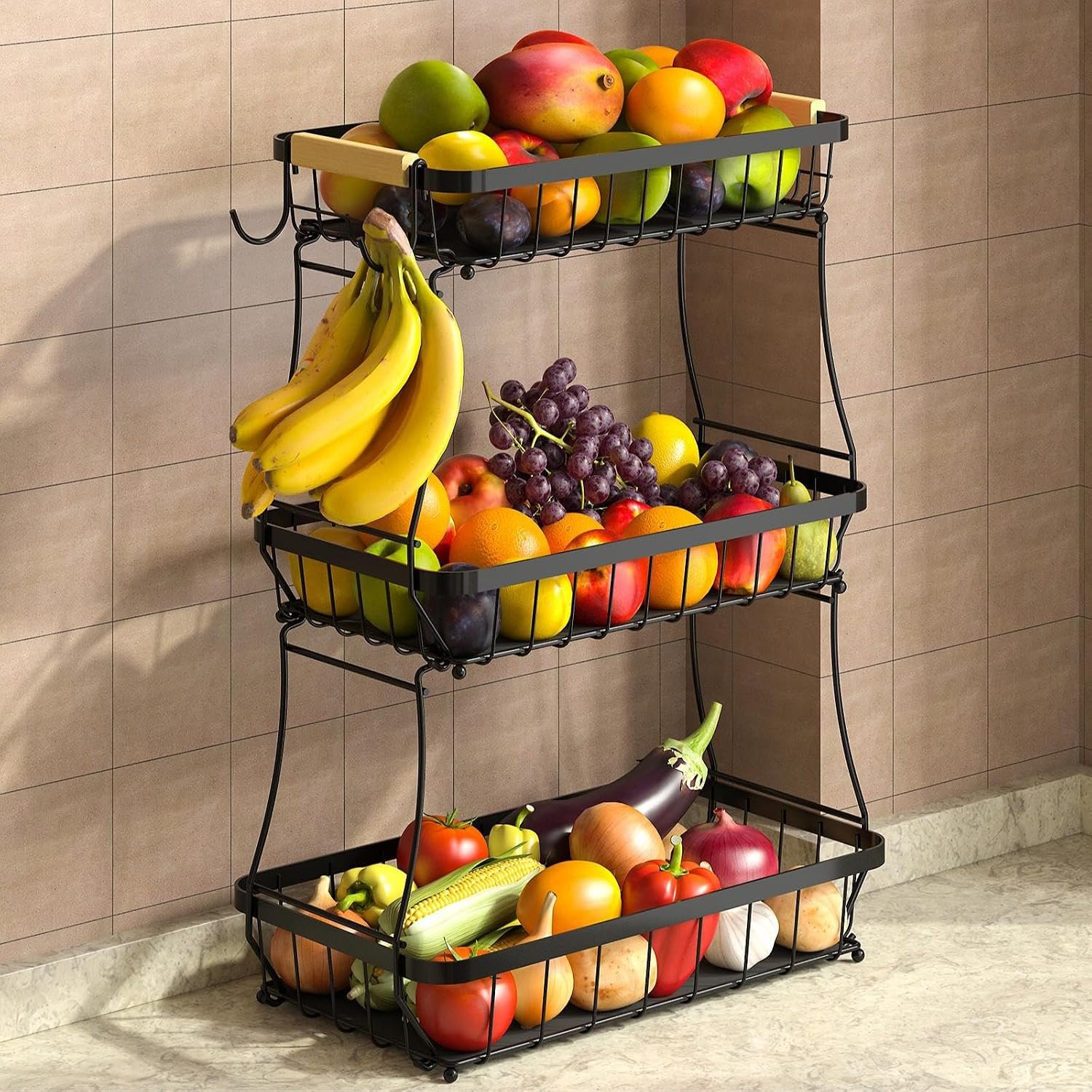 3-Tier Fruit Basket with Banana Hangers, Detachable Metal Bowl