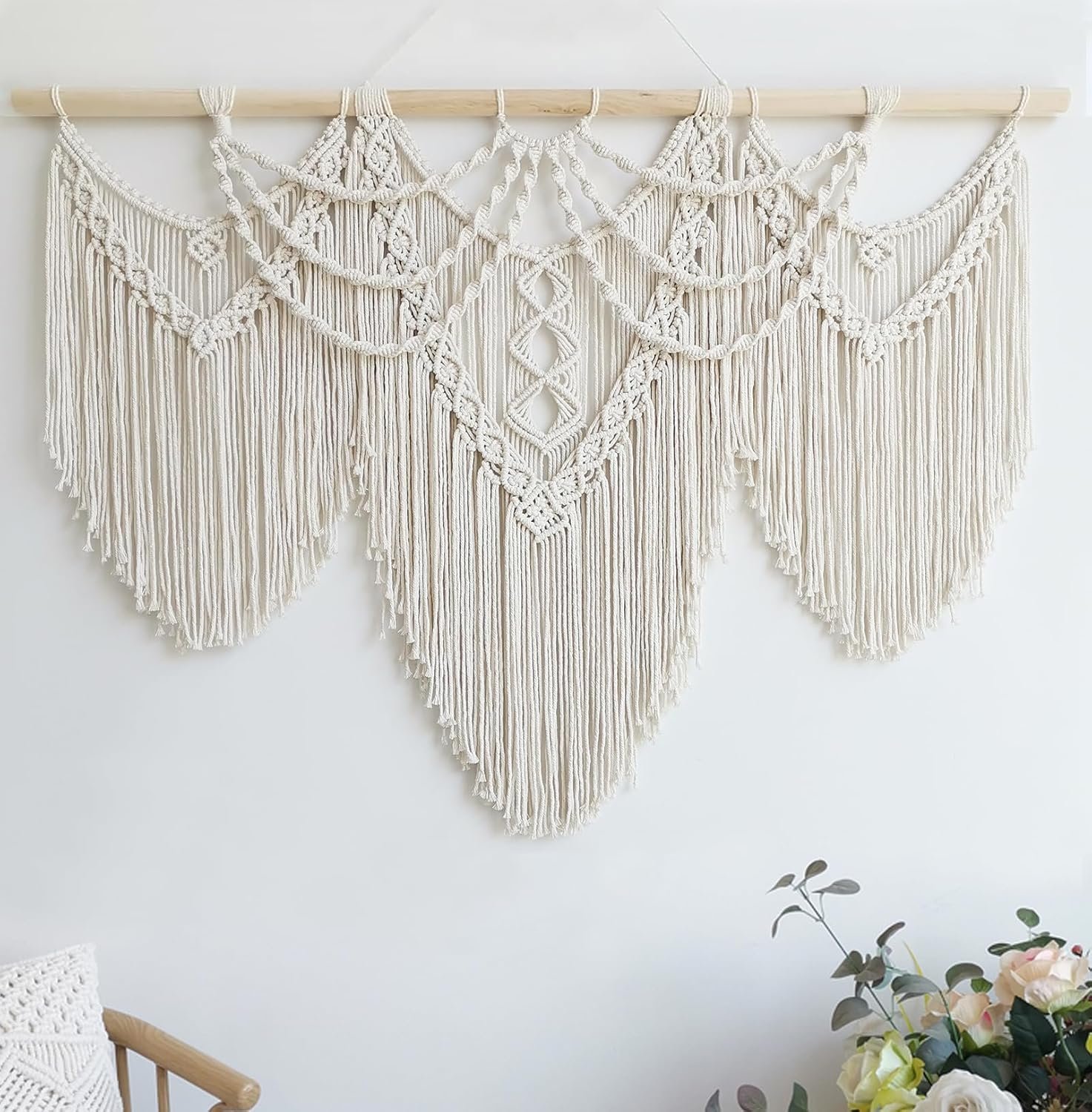 Achart Macrame Wall Hanging Large- Boho Wall Decor- large wall art- Wall Decor Living Room- Macrame Tapestry Boho Decor for Bedroom (Beige-Fringe)