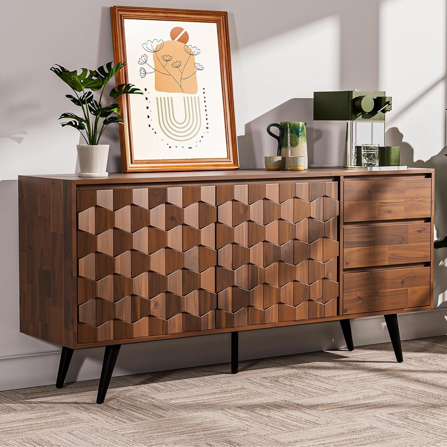 Bme Sideboard Georgina Solid Wood 2 Doors & 3 Drawers, 61” Mid Century Modern Cabinet with Geometric Pattern for Kitchen, Dining, Living Room