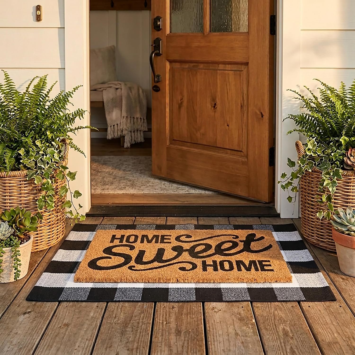 Buffalo Plaid Rug and Coir Home Sweet Home Doormat Set for Front Porch