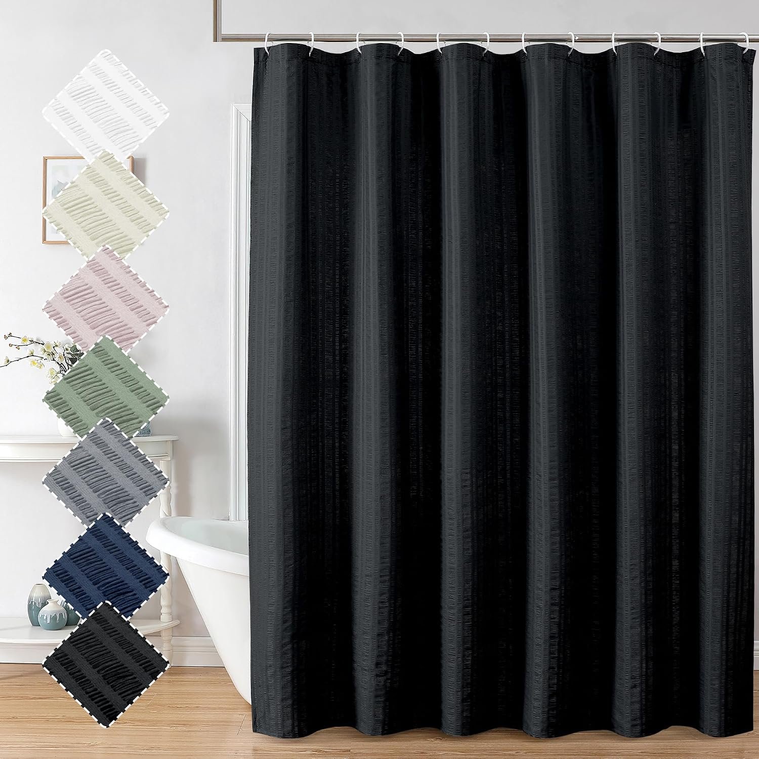 Moga 3D Embossed Water Repellent Fabric Shower Curtain – Hotel Quality Soft Black Shower Curtain Fabric, Light-Weight Cloth & Machine Washable – Standard Size 72×72, Black