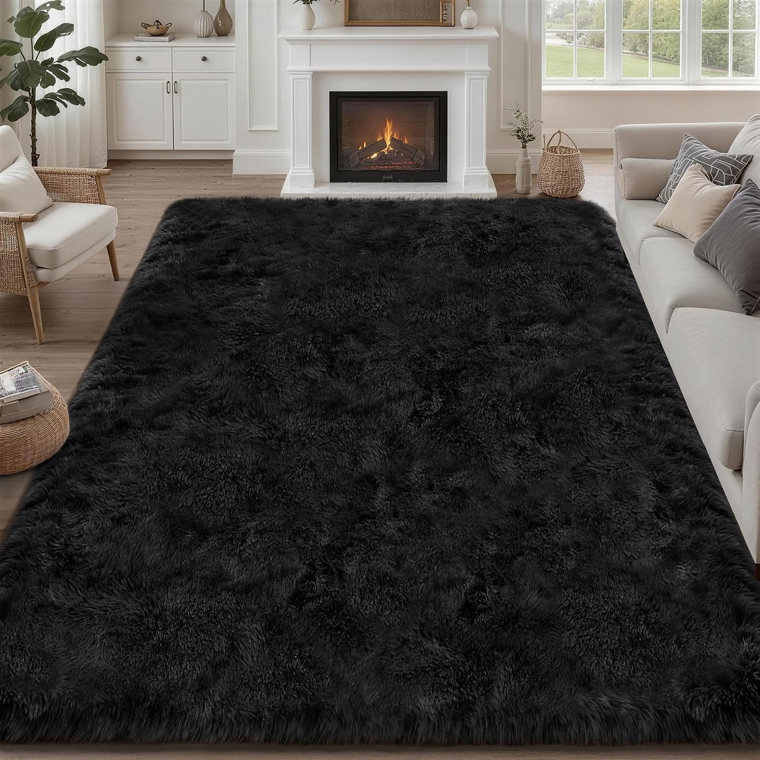 9×12 Area Rug Living Room Bedroom: Fluffy Plush Shag Carpet Black