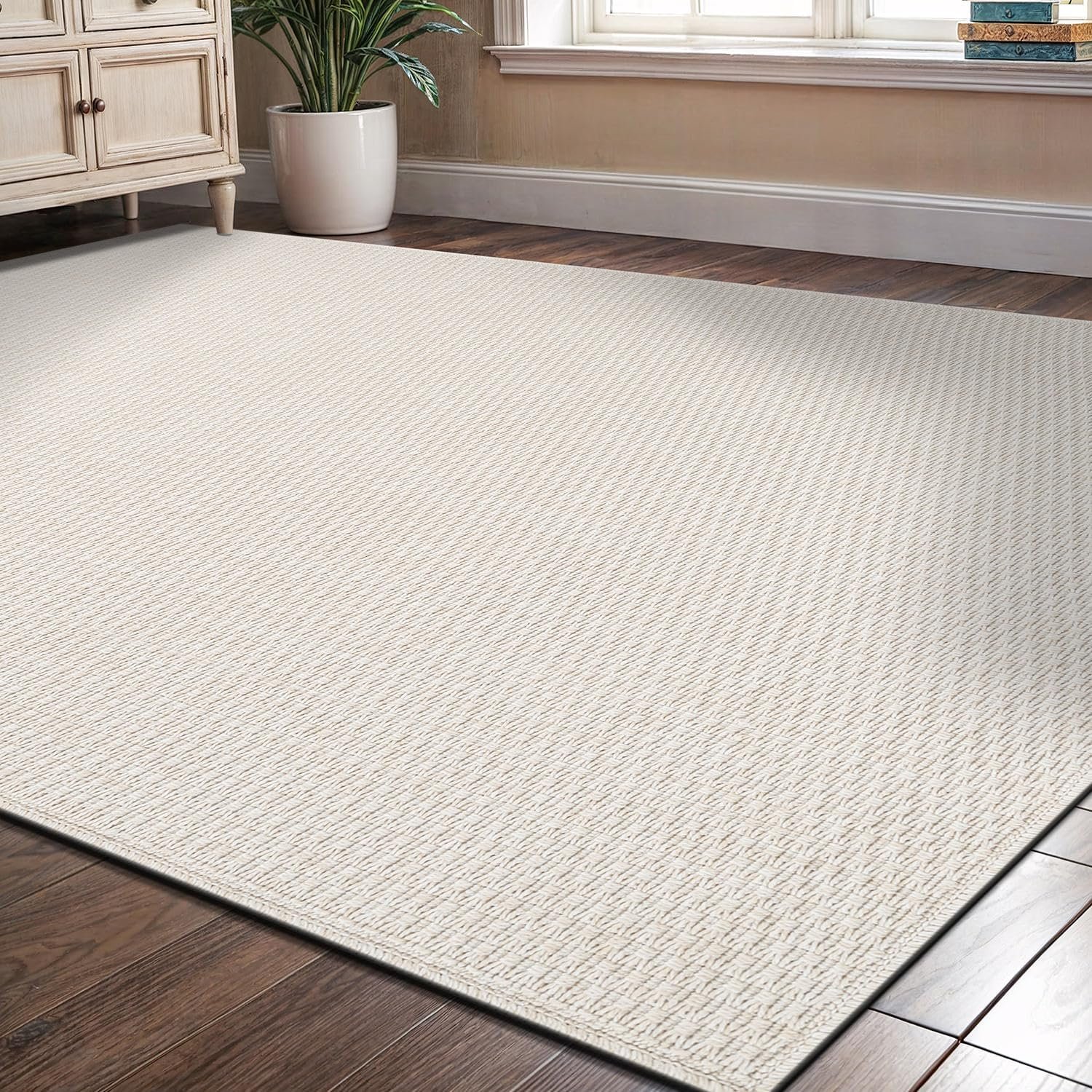 Easy Jute Rug 6×9 Indoor Outdoor Natural Rugs Solid Fiber Rug Woven Area Rug Boho Easy Clean Inside Carpet for Living Room Bedroom Dining Room Hallway or Outdoor Patio Porch (6 X 9 Bone)