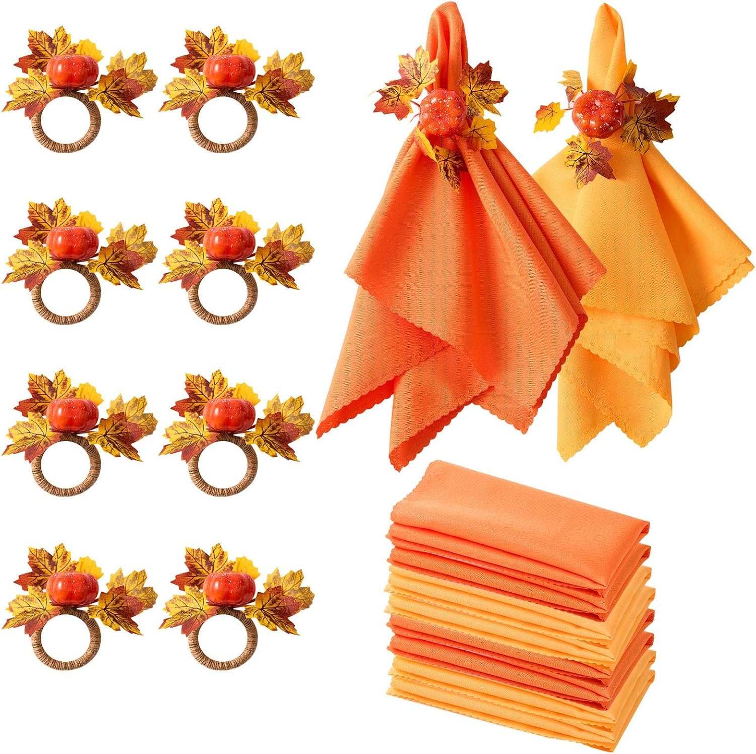 Fall Thanksgiving Decorations Set of 16, Fall Cloth Napkins & Napkin Rings