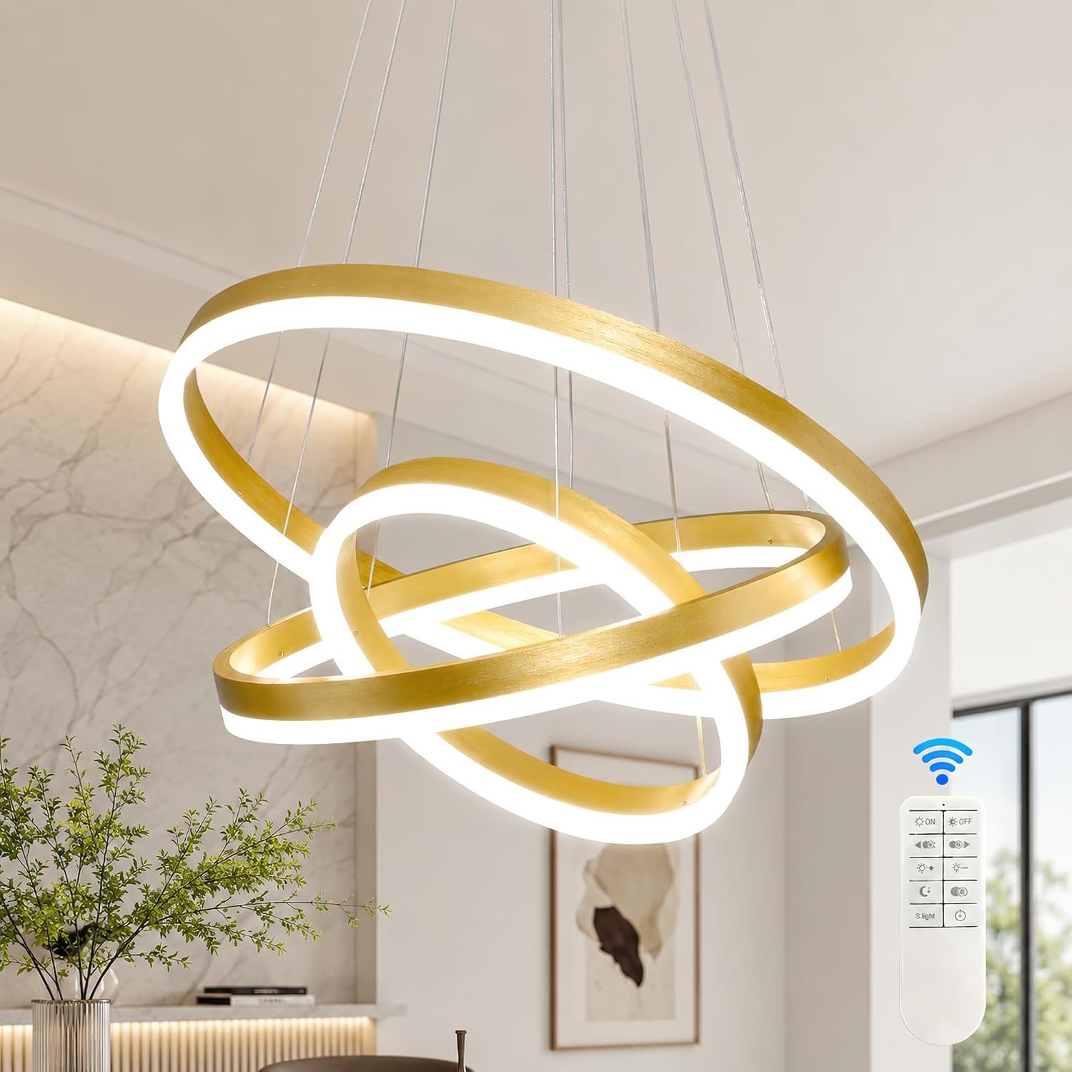 Modern Gold Led Chandelier 3 Rings Gold Dimmable LED Chandeliers Light Fixture for Kitchen Island Height Adjustable Chandelier Led Pendant Light for Dining Room Bedroom Living Room