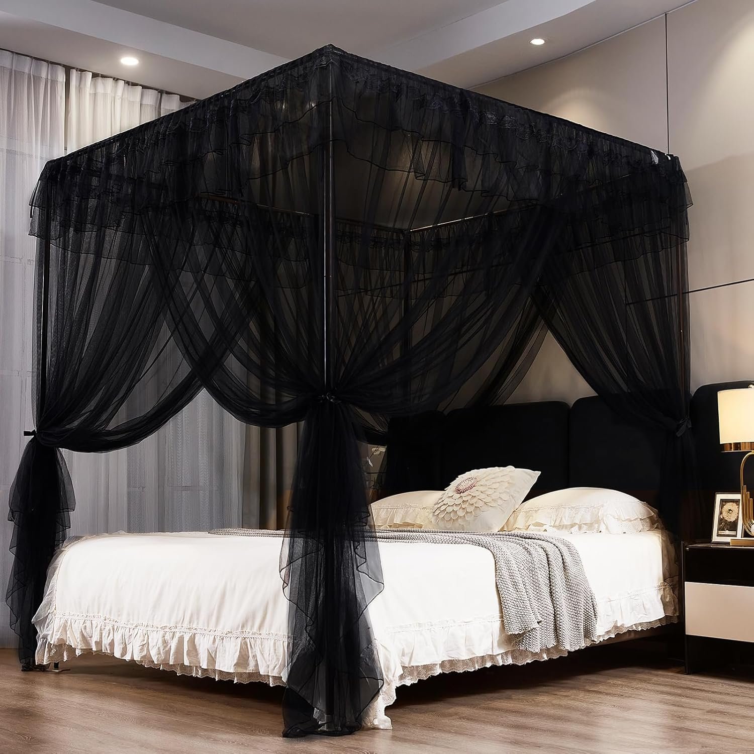 Kertnic Black Canopy Bed Curtains for Girls & Adults, Queen King Bed Canopy Drapes Netting, Practical Mosquito Net for Bed (Black, Queen- 64″ W*78″ L*82″*H)