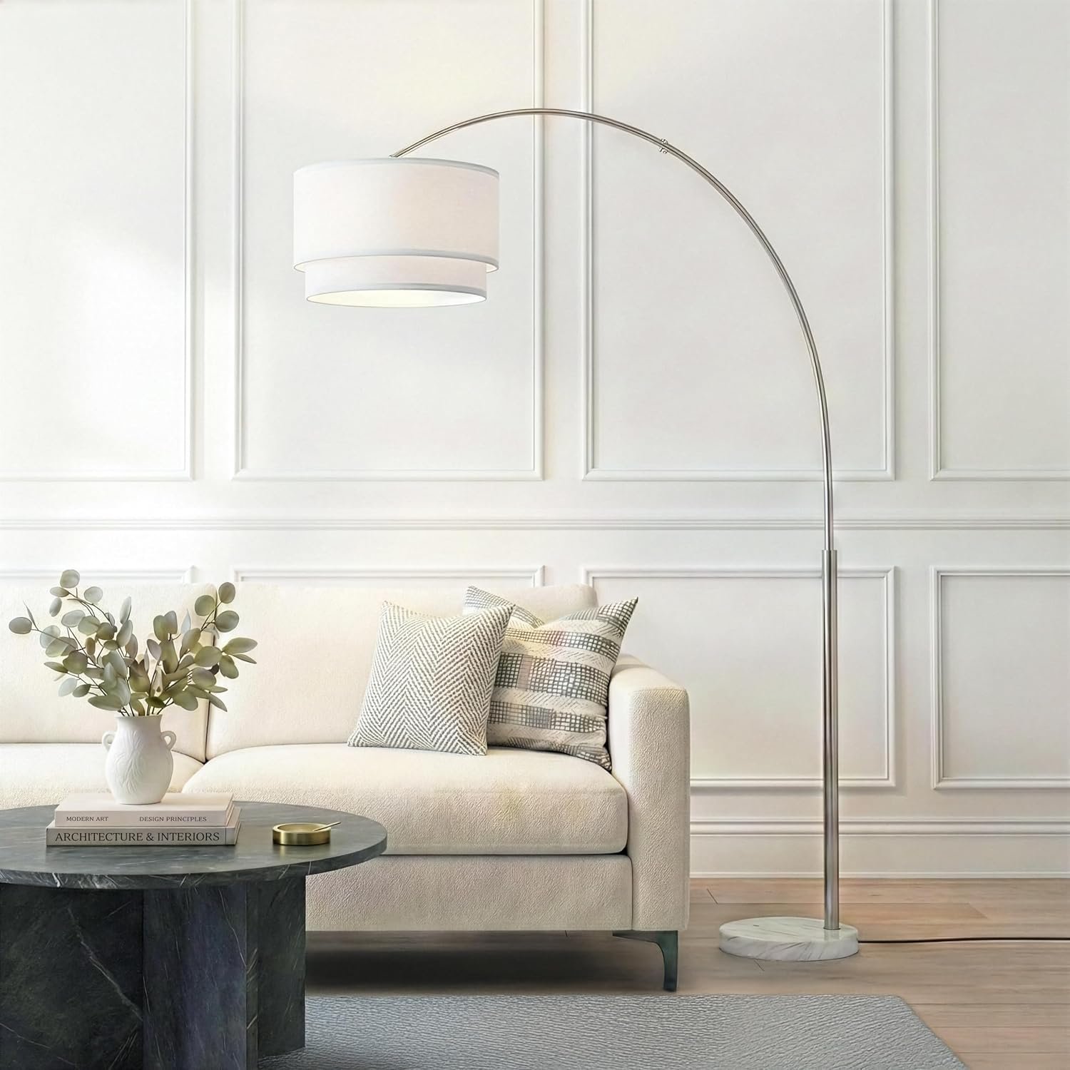 Brightech Mason Arc Floor Lamp – Modern Corner Standing Lamp with Unique Hanging Drum Lamp Shade for Living Room – Bright Overhead, Curved Hanging Light for Bedroom. Library, Den – Nickel