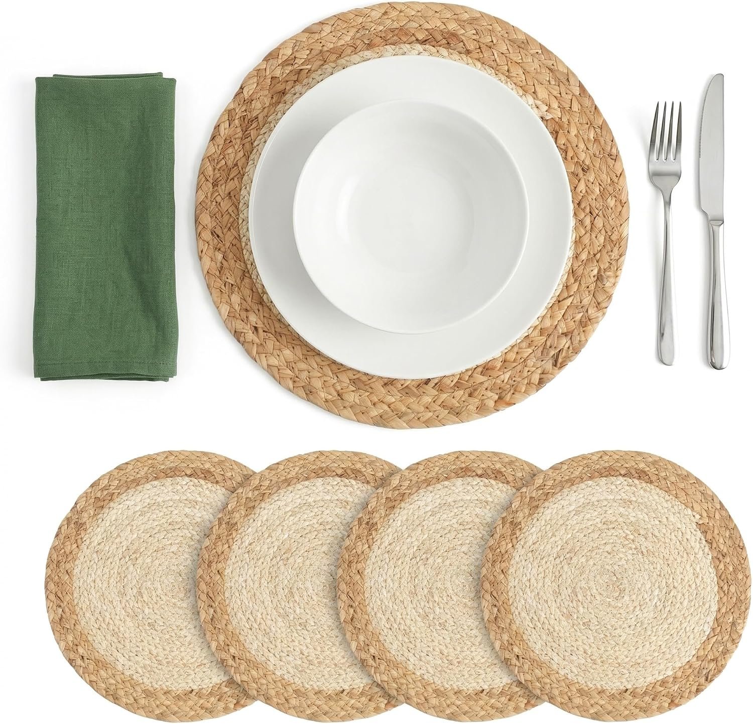 Round Placemats Set of 4, 13 in Two-Tone Woven Corn Husk and Water Hyacinth Table Mats, Charger Plates for Dining Table