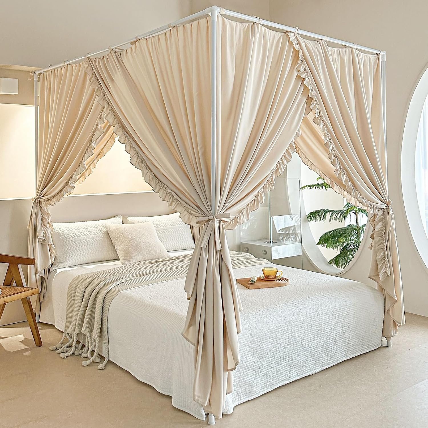 AIKASY Princess Canopy Bed Curtains with Top Ties – Windproof & Lightproof for Girls’ Adult Bedroom Decor | Bed Canopy Drapes (Queen,Khaki)