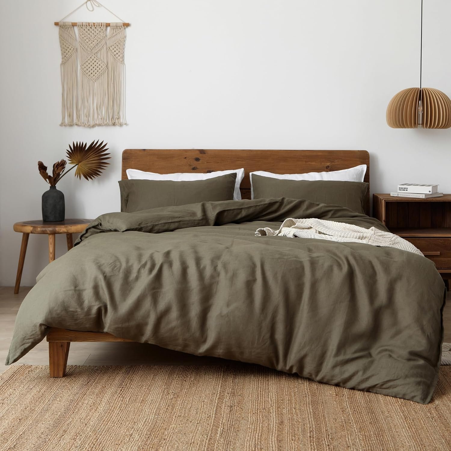 100% Washed French Flax Linen Duvet Cover Set – 3 Pieces, Cooling & Textured Farmhouse Bedding for Hot Sleepers, with Zipper Closure (Olive Green, King)