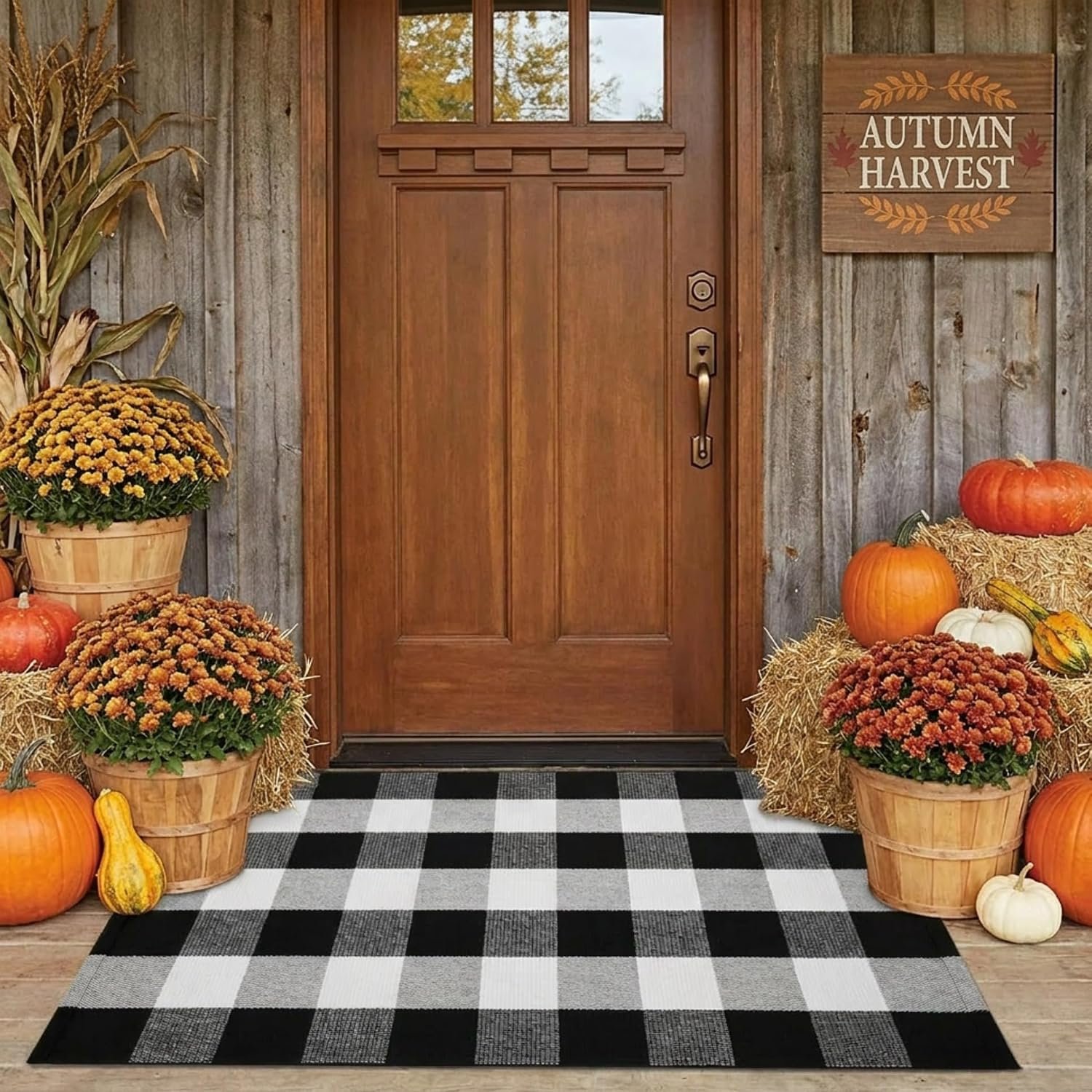 SEEKSEE Fall Decor Buffalo Plaid Outdoor Rug 27.5×43 Black and White Front Door Mat, Layering Rug for Porch, Washable Doormat, Cotton Area Rug for Outdoor Entrance Entryway Patio Porch Decor