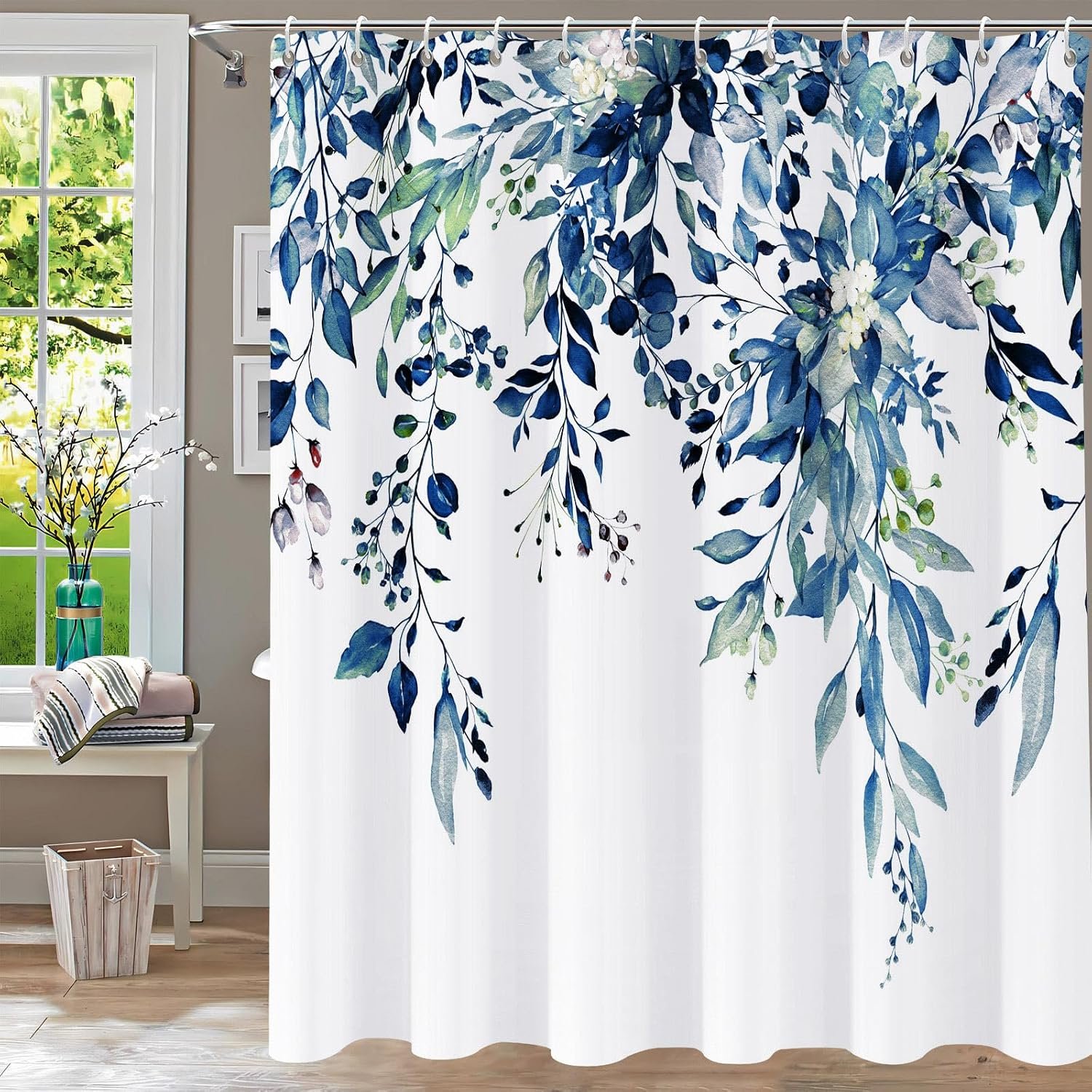 Shower Curtain Blue Eucalyptus Shower Curtains for Bathroom, Watercolor Leaf Shower Curtain Sets Waterproof Plant Shower Curtain Leaves Fabric Cloth Bathroom Curtains 72×72 inch with Hooks