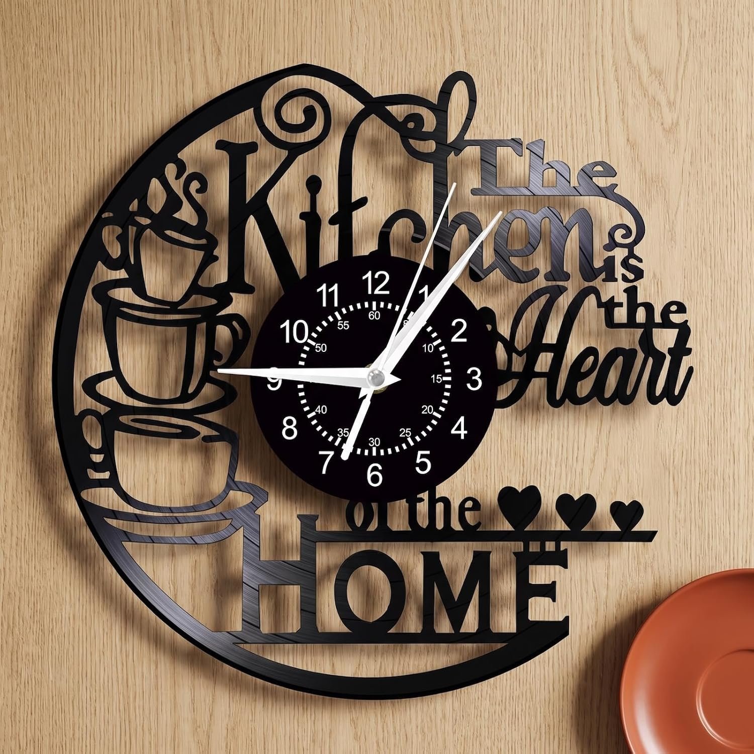 12” Kitchen Vinyl Record Wall Clock, Kitchen Heart Home Theme Wall Clock Coffee Bar Wall Watch Clock Coffee Wall Decor Battery Operated Silent Movement for Women Wife Restaurant Dining Room