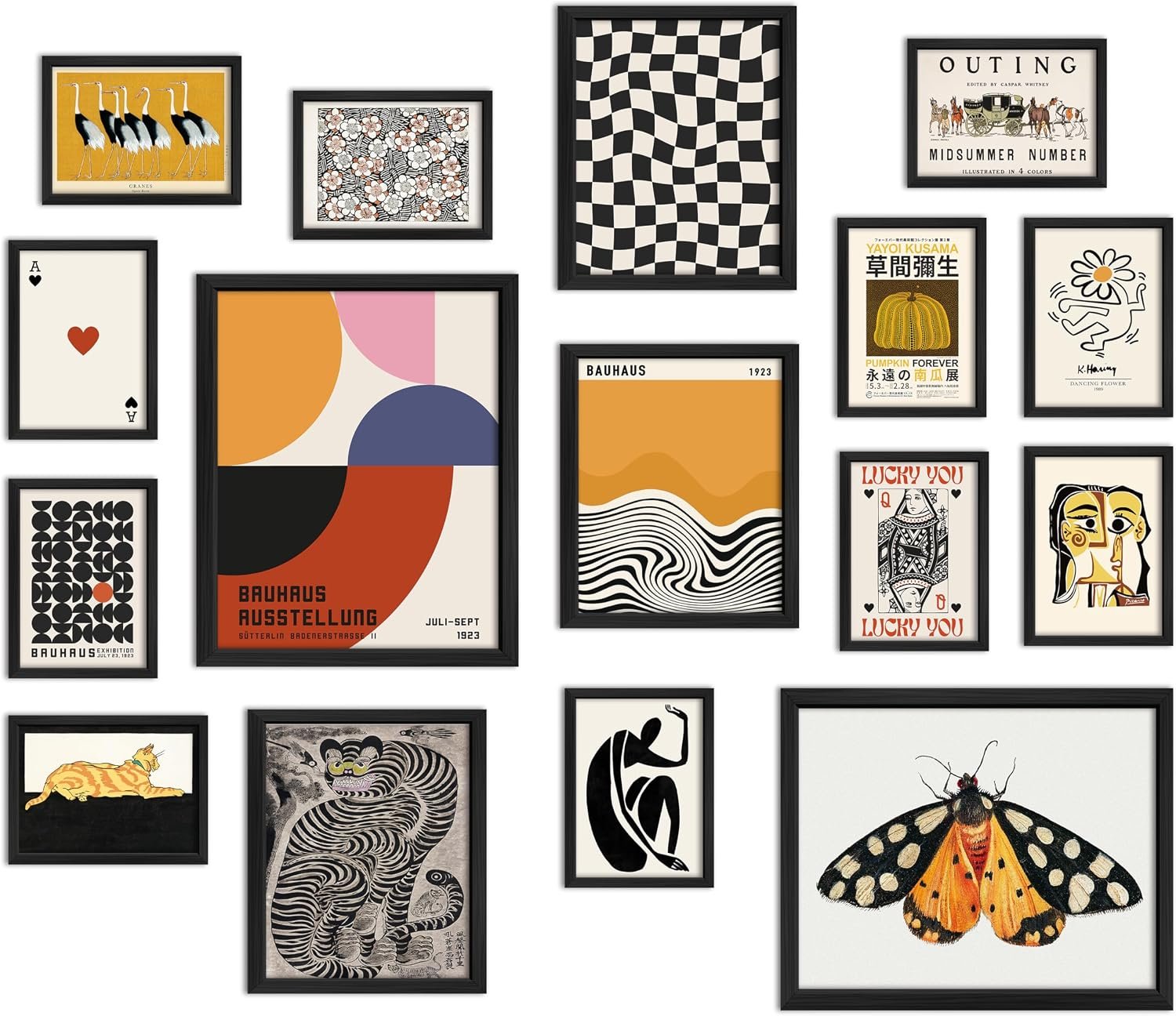 ANERZA 16 PCS Wall Art Framed Eclectic Wall Art Decor, Modern Maximalist Wall Prints for Bedroom, Vintage Gallery Wall Frame Set, Bauhaus Funky Posters for Home Decor, Retro Abstract Dorm Collage Kit