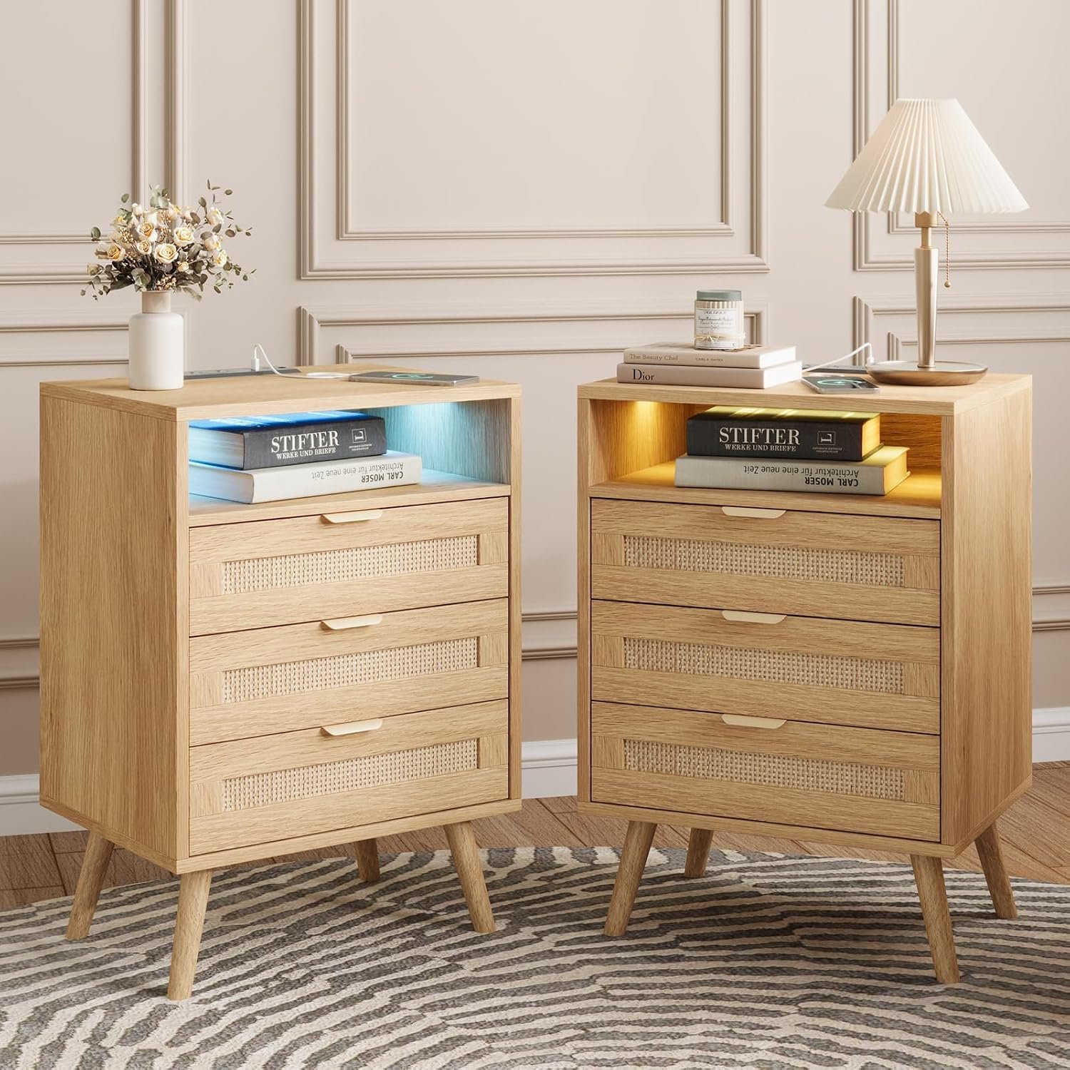 Rattan Nightstand Set of 2 with Charging Station and Drawers, Natural Wood
