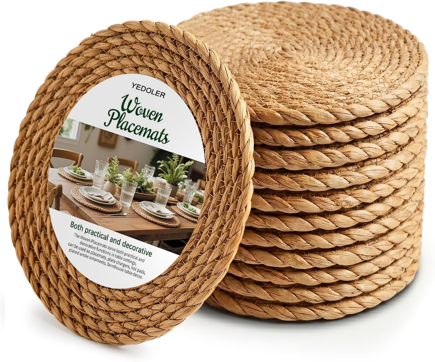 12 Pcs Round Woven Placemats – Yedoler 13 in Farmhouse Boho Straw Heat Resistant Outdoor Patio Rattan Wicker Table Mats, Natural Water Hyacinth Place Mats Coasters for Dining Table,Home,Wedding