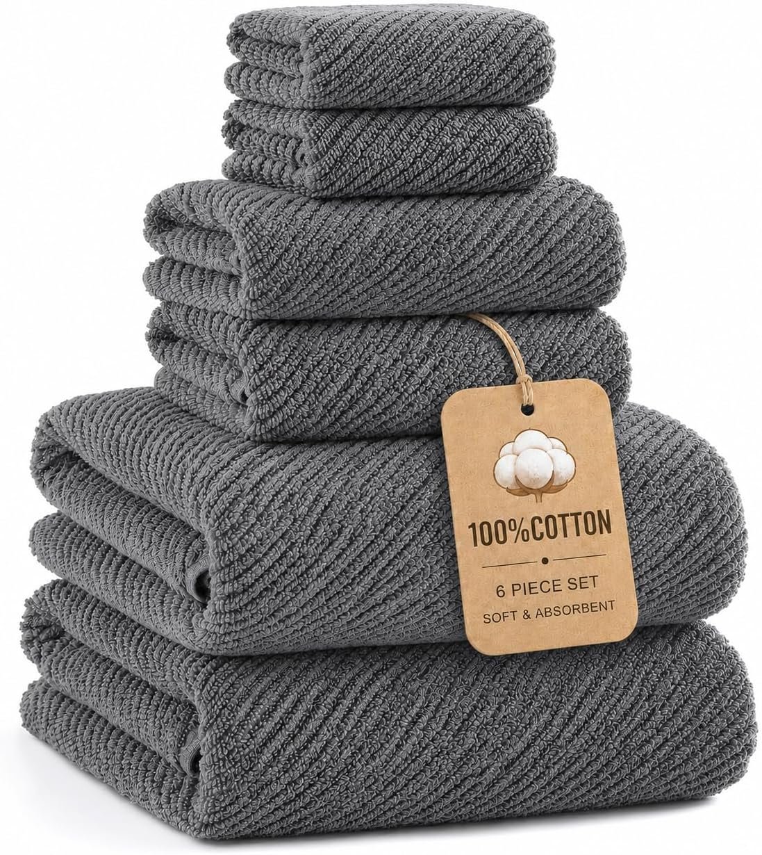 Luxury Bath Towel Set 6 Pcs, 100% Cotton Bathroom Towels, Dark Grey