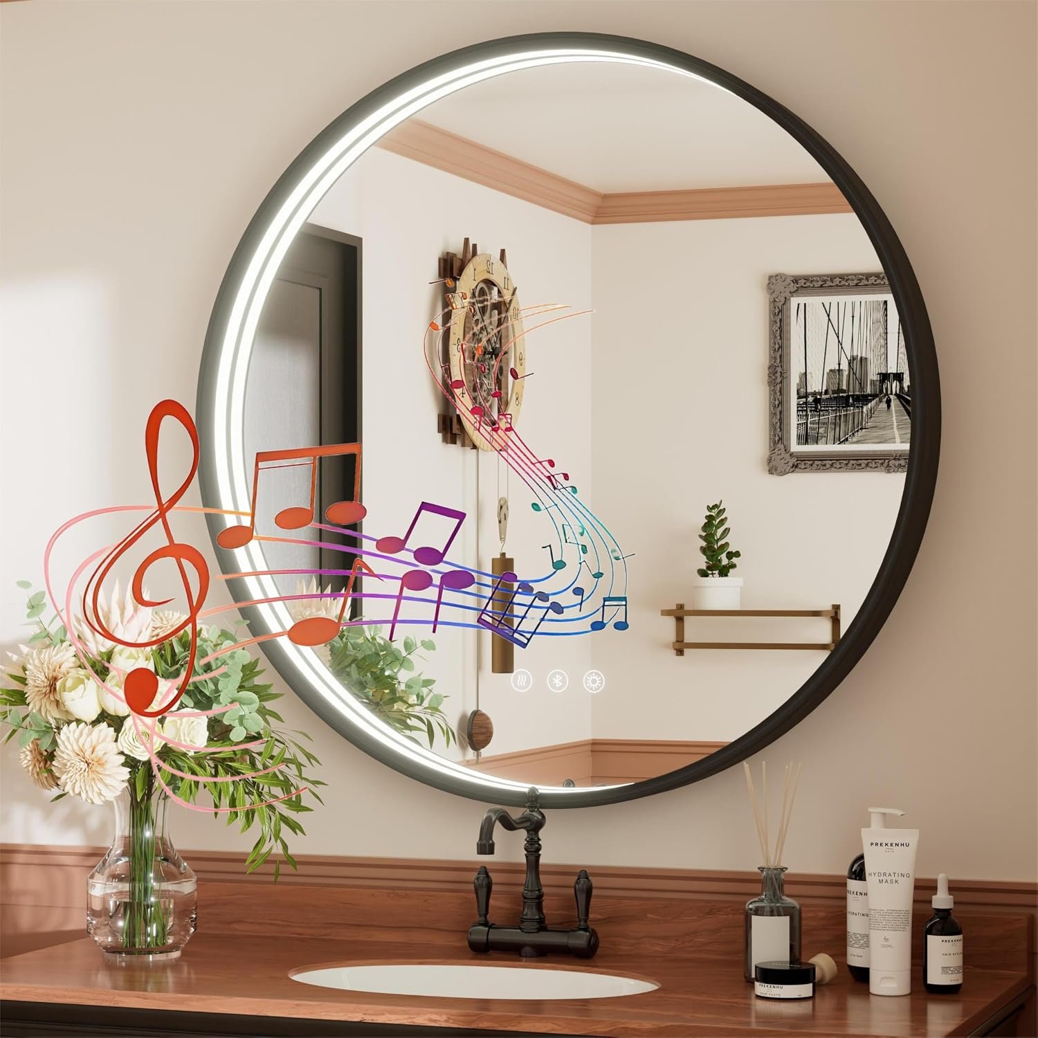 30 Inch Round LED Bathroom Mirror with Dual Bluetooth Speakers