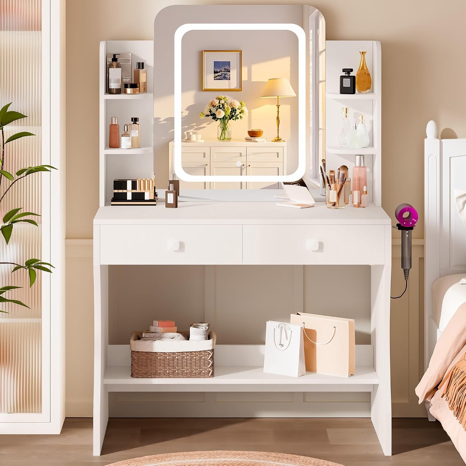 LIVELYGLOW 29.5″ White Small Makeup Vanity Desk with Power Outlet & Mirror