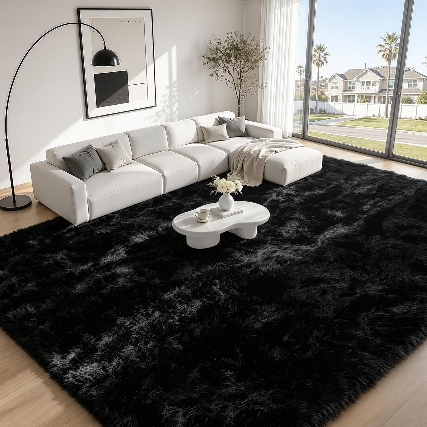 8×10 Area Rugs for Living Room Bedroom: Black Fluffy Soft Shag Washable Rug