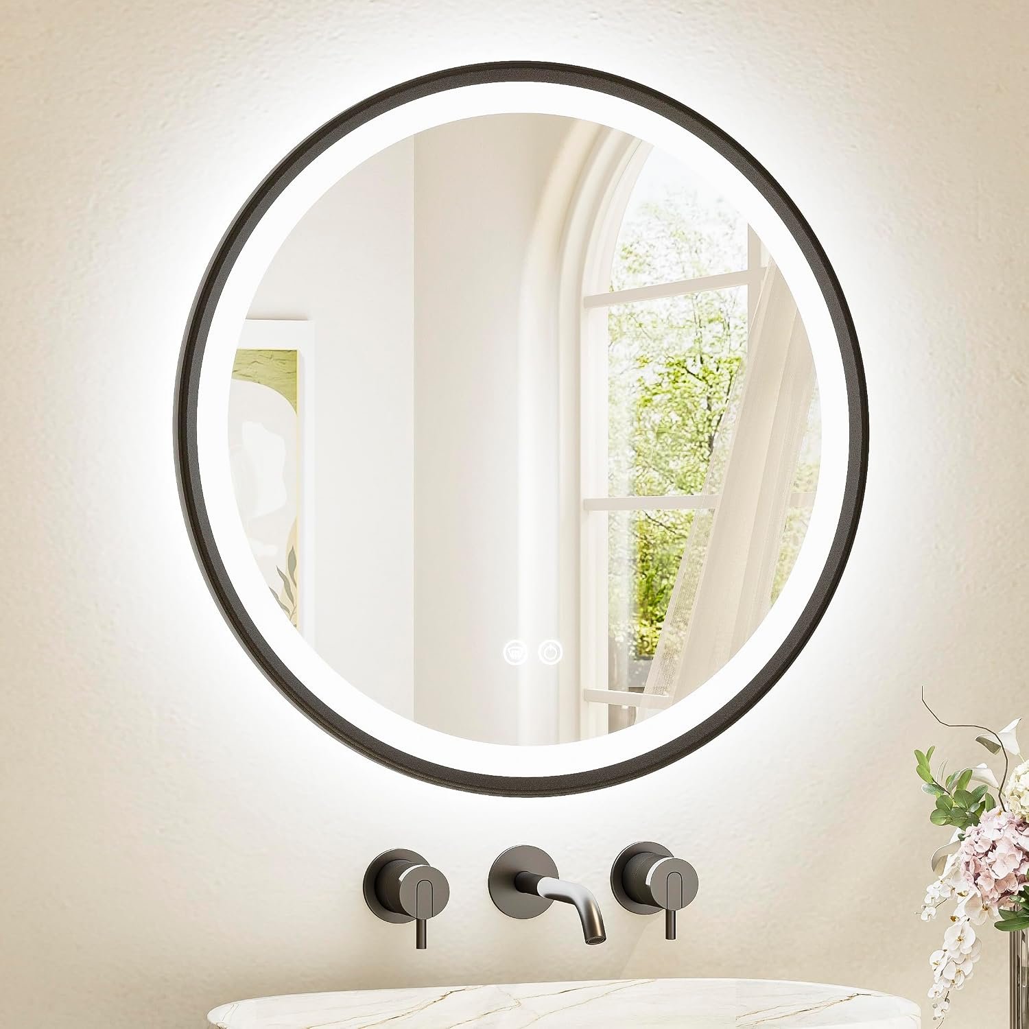Round Led Lighted Bathroom Mirror Matte Black Frame 24 Inch Front and Backlit Circle Round Light up Vanity Mirror with Lights, 3 Color Illuminated Dimmable Anti Fog Wall Mount, IP54 CRI 90+