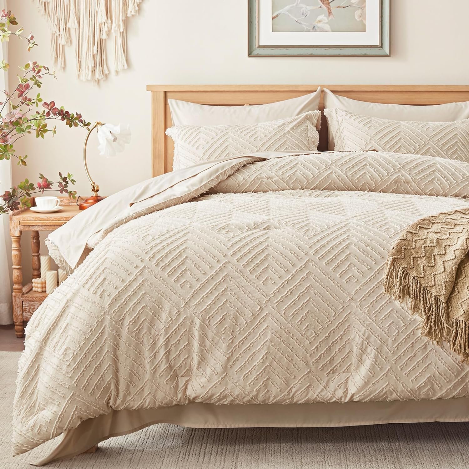 Queen Comforter Set 7 Piece, Beige Bed in a Bag Queen Bedding Sets