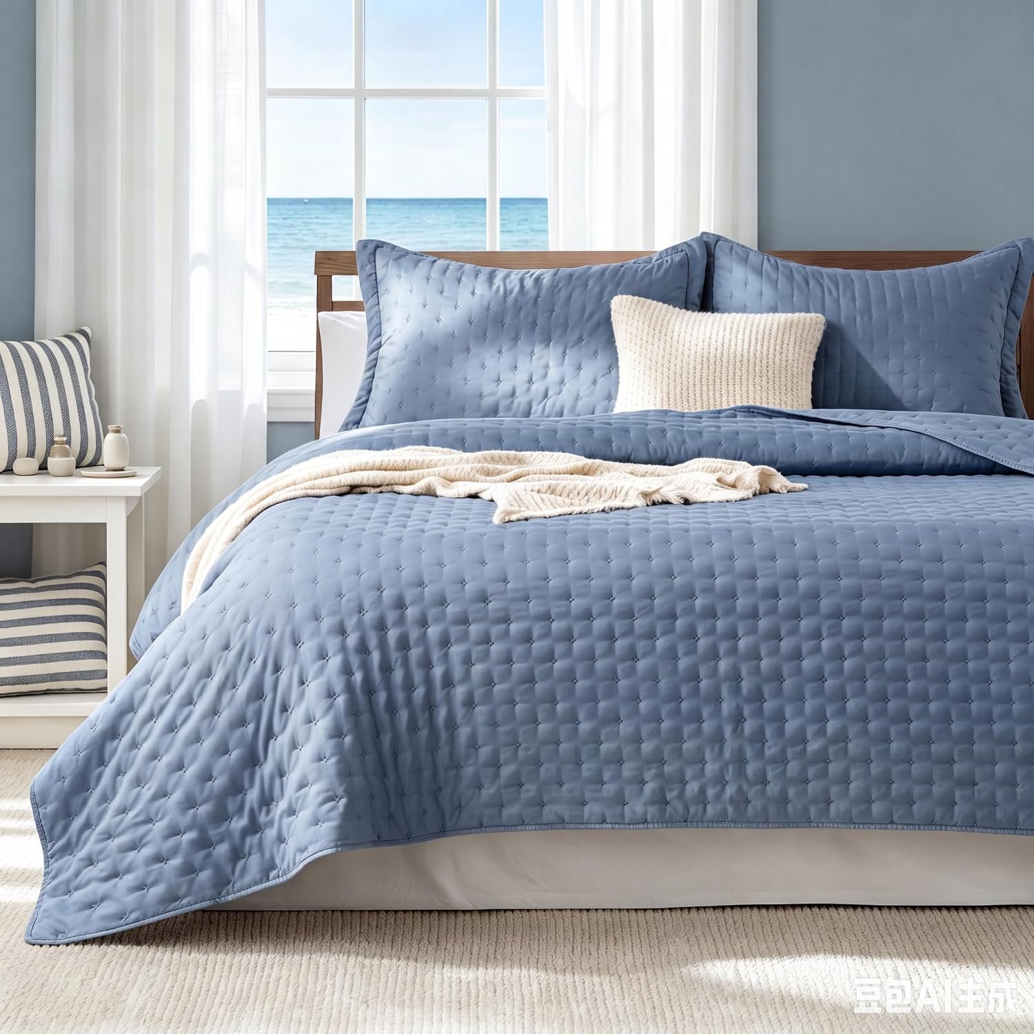 Bedsure Quilts Queen Size Bedspread, Thin Comforter, Mineral Blue Coverlet