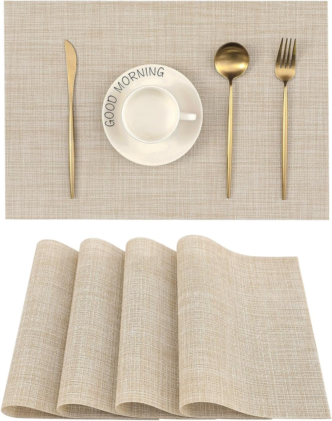 Beige Placemats Set of 4 – Heat-Resistant, Non-Slip Table Mats, Washable Woven Vinyl for Indoor & Outdoor Dining