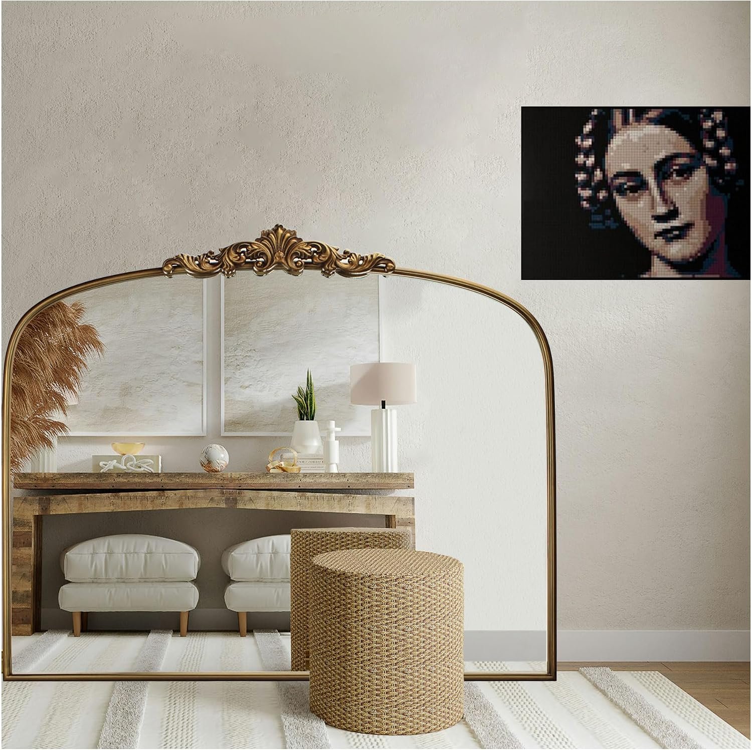 Vintage Gold Mirror 36″X30″ Arched Antique Wall Mirror