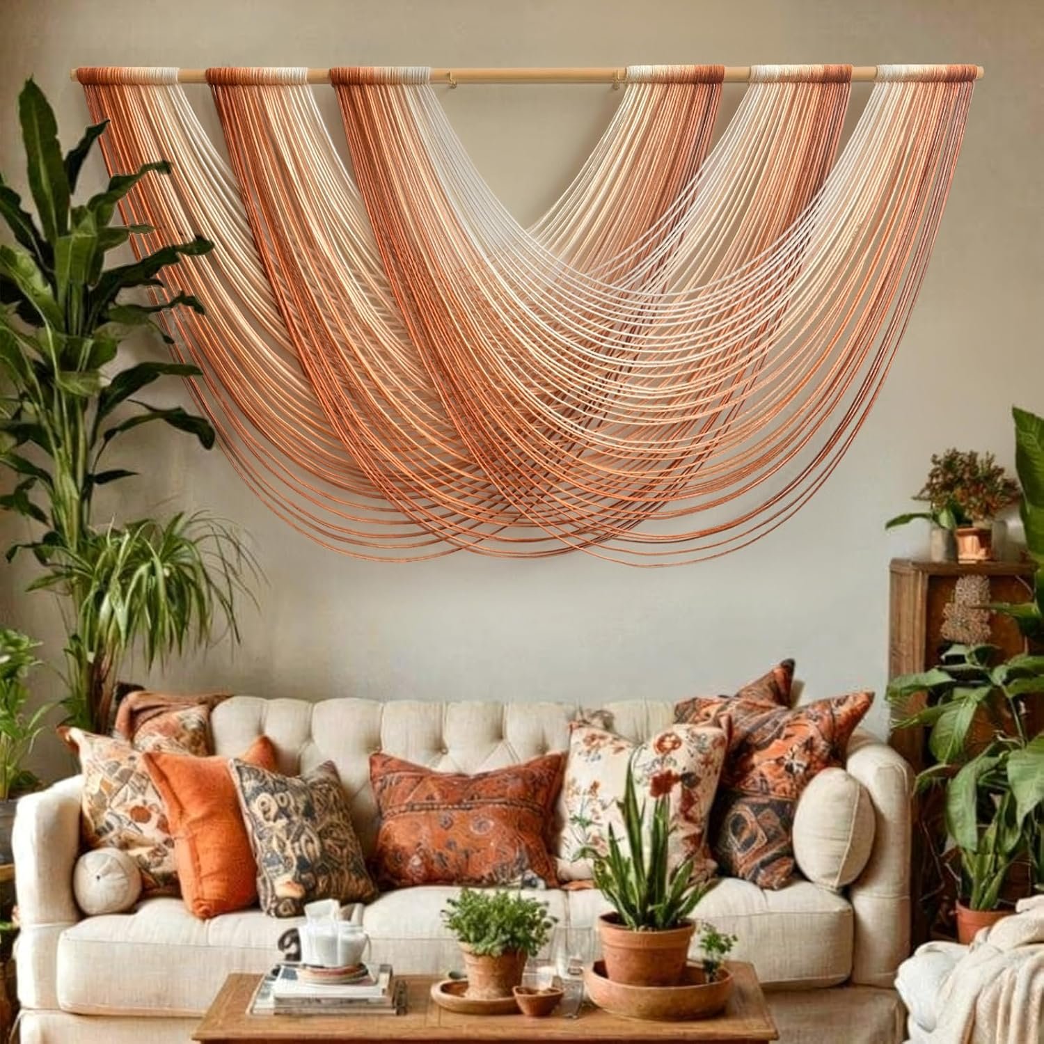 Macrame Wall Hanging Orange Boho Fiber Art Large Decor 57″W*31″L