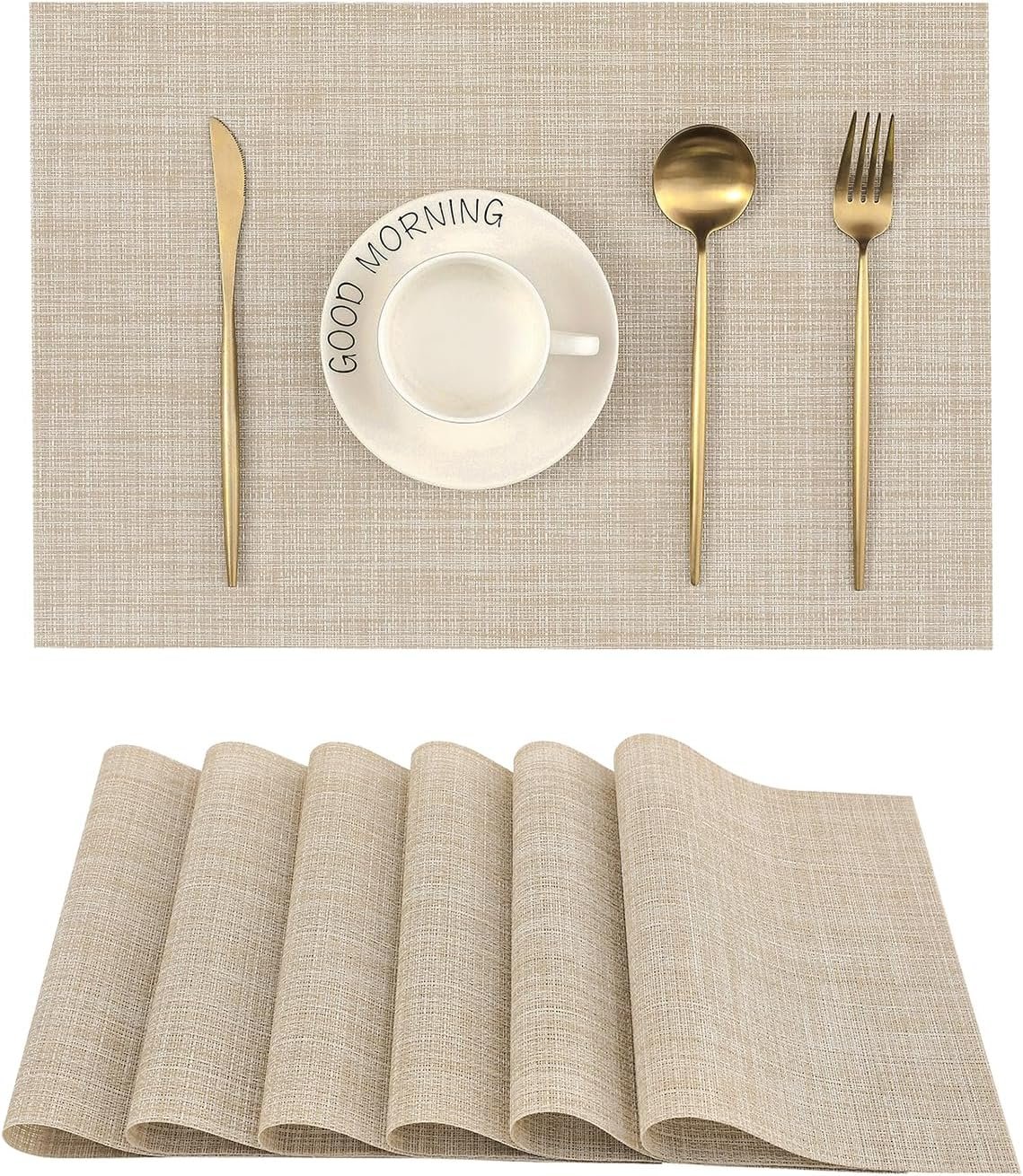 Beige Placemats Set of 6 – Heat-Resistant, Non-Slip Table Mats, Washable Woven Vinyl for Indoor & Outdoor Dining