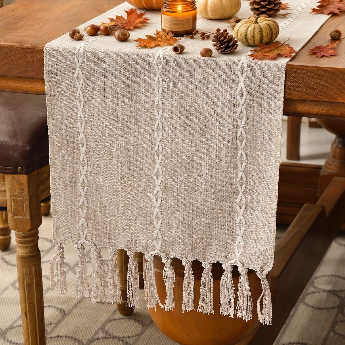 Wracra Rustic Linen Table Runner, Light Coffee Table Runners 72 inches Long