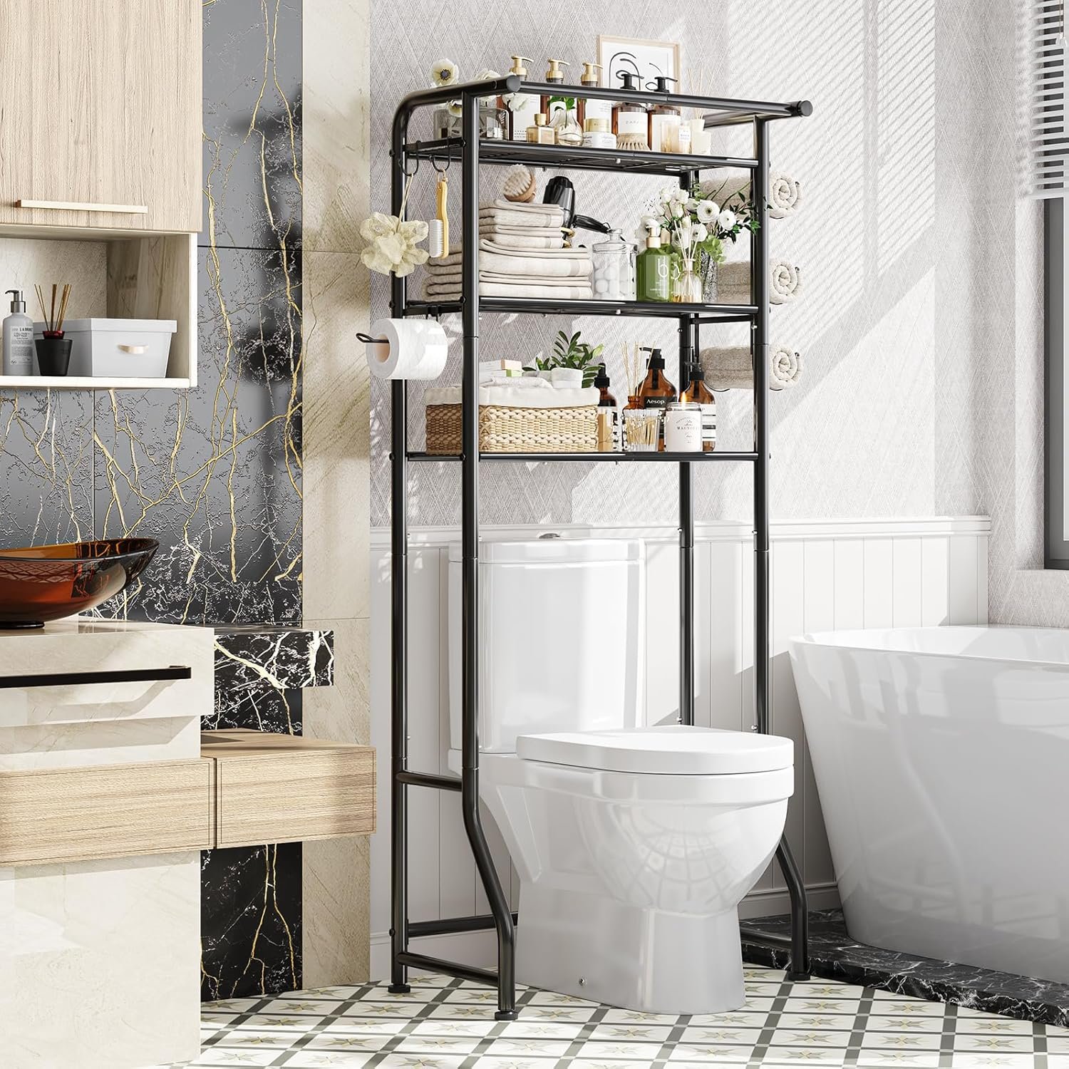Simple Trending Over The Toilet Storage Cabinet, Metal Bathroom Shelf Organizer with Paper Holder and Hooks, 3 Tier, Black