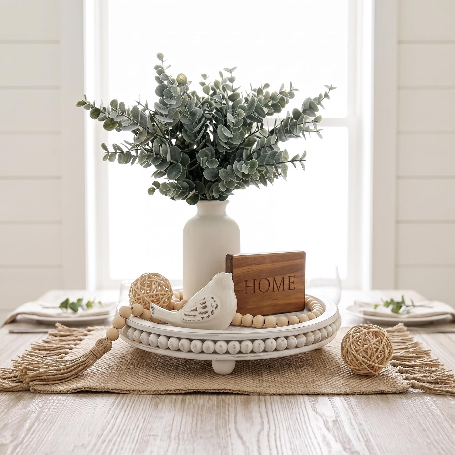 11-Piece Rustic Farmhouse Decor Set with Wood Tray and Ceramic Vase