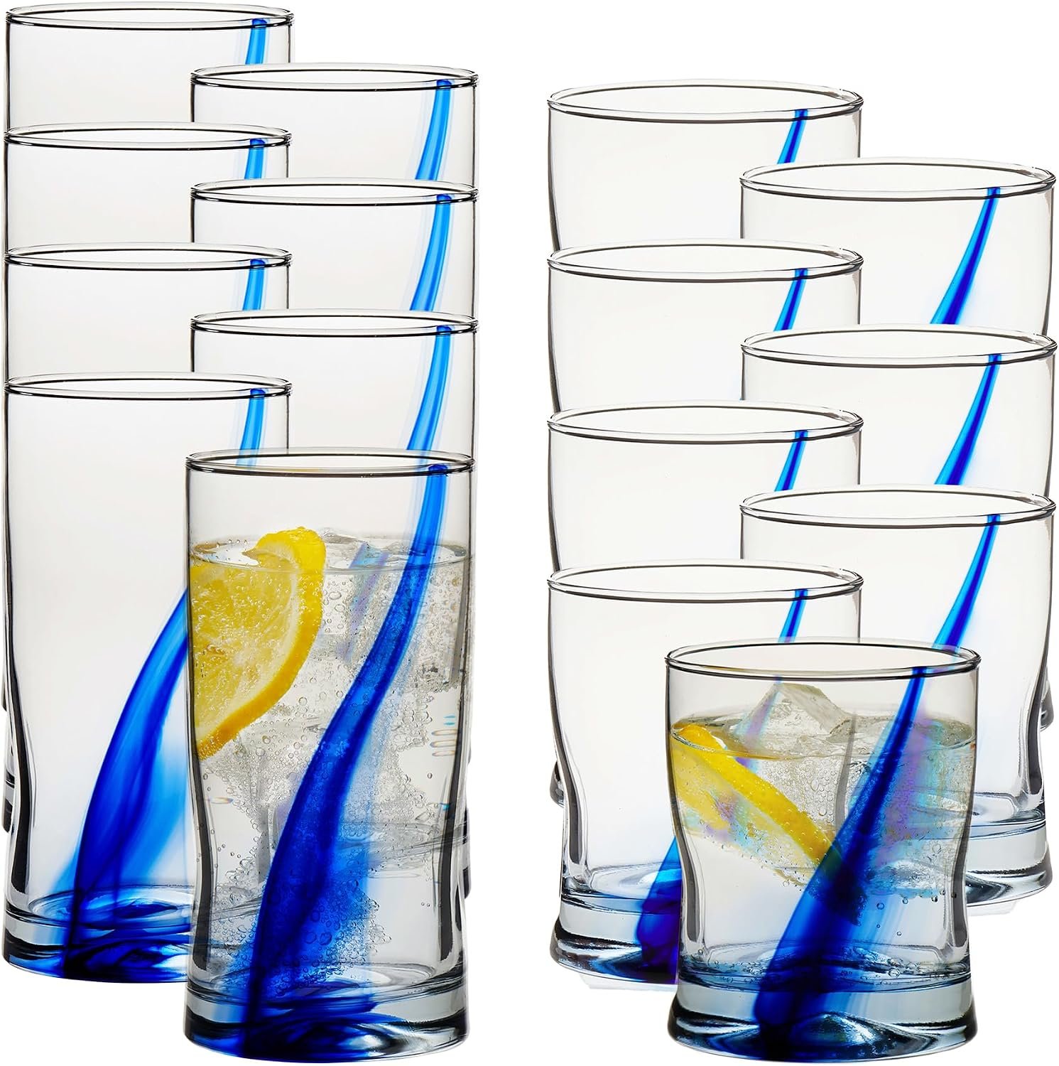 Libbey Blue Ribbon Tumbler & Rocks Drinking Glasses Set of 16, Dimpled Cups