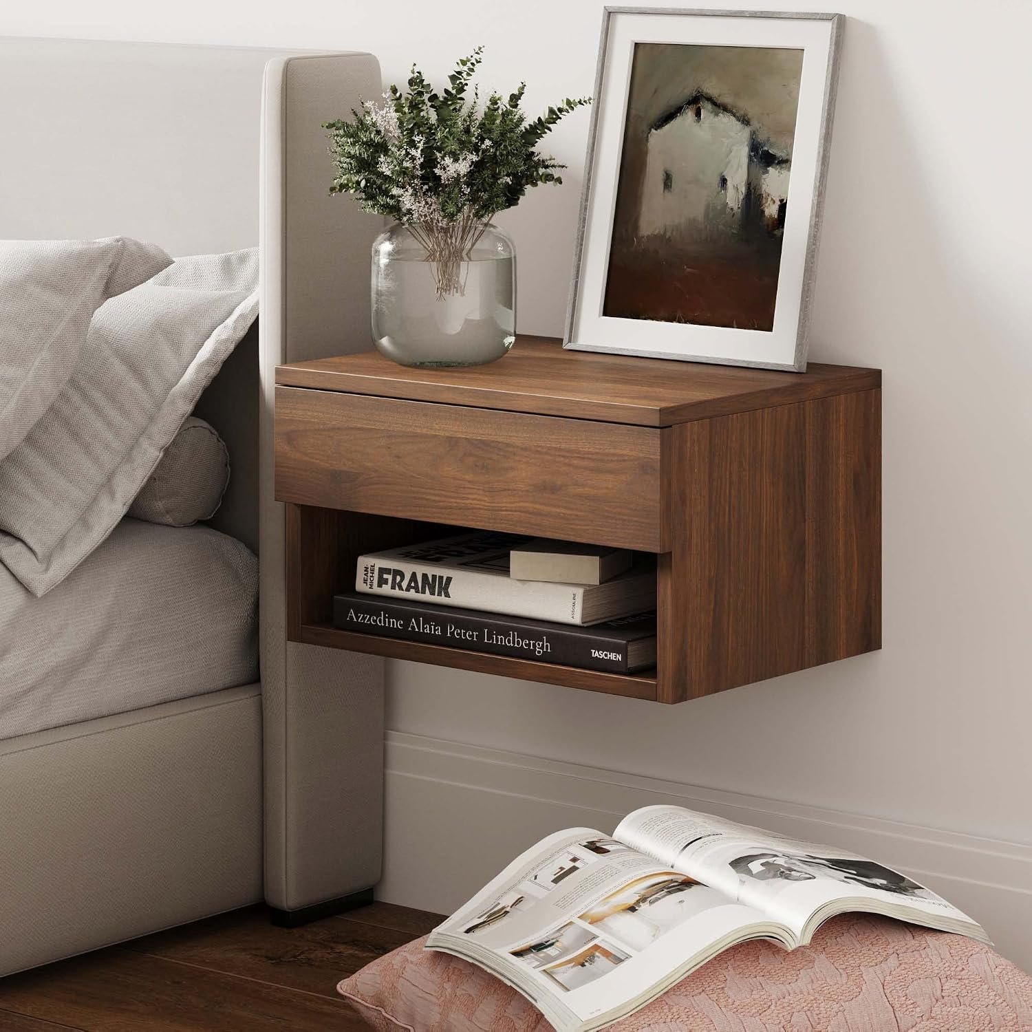 Nathan James Jackson Wall Mounted Floating Bedroom Nightstand with Storage Drawer and Modern Open Shelf Cubby, Walnut