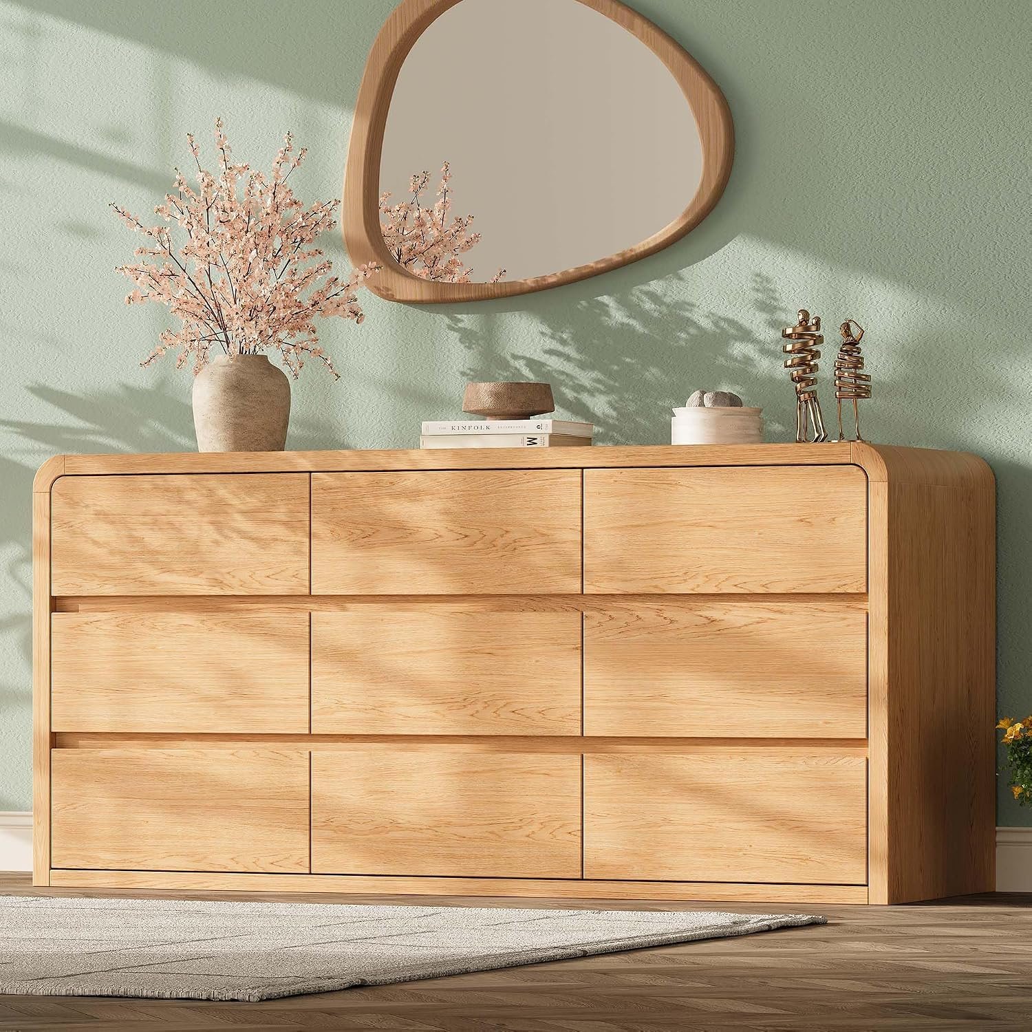Modern 63″Wide 9 Drawers Dresser with Curved Profile Design,Oak