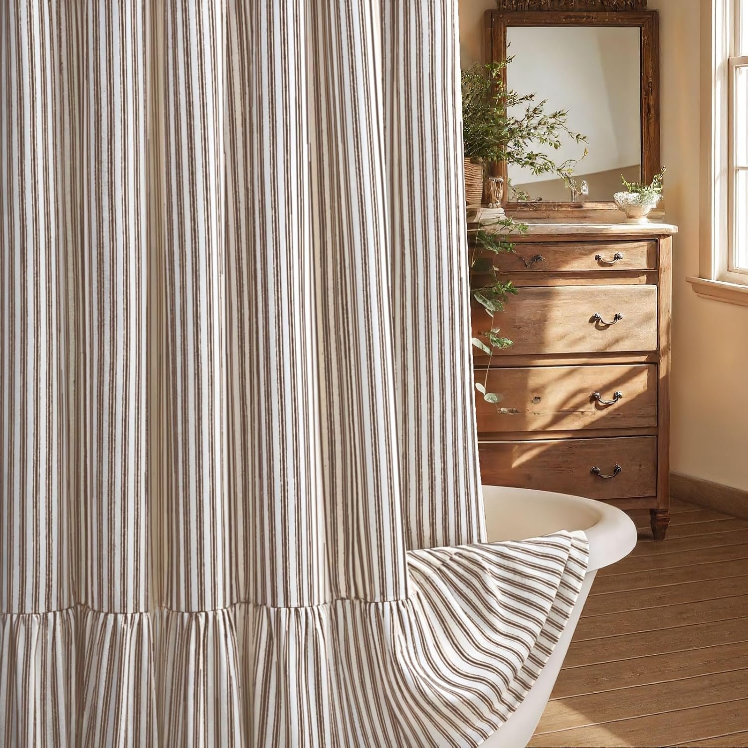 Farmhouse Shower Curtain Ruffle Linen Cream-Brown Stripe 72″W x 72″L
