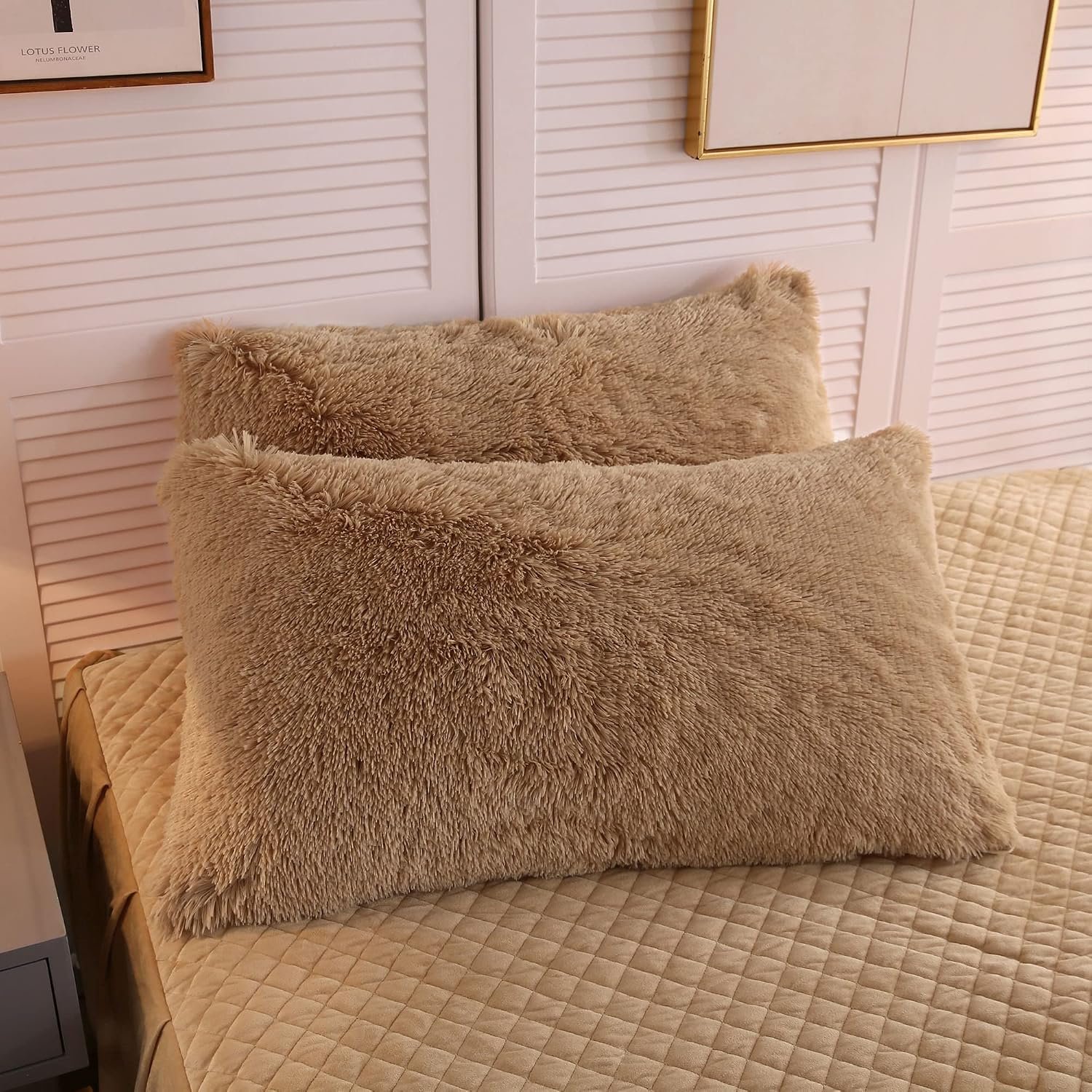 LIFEREVO Fluffy Faux Fur Standard Pillow Cases Set of 2, Camel