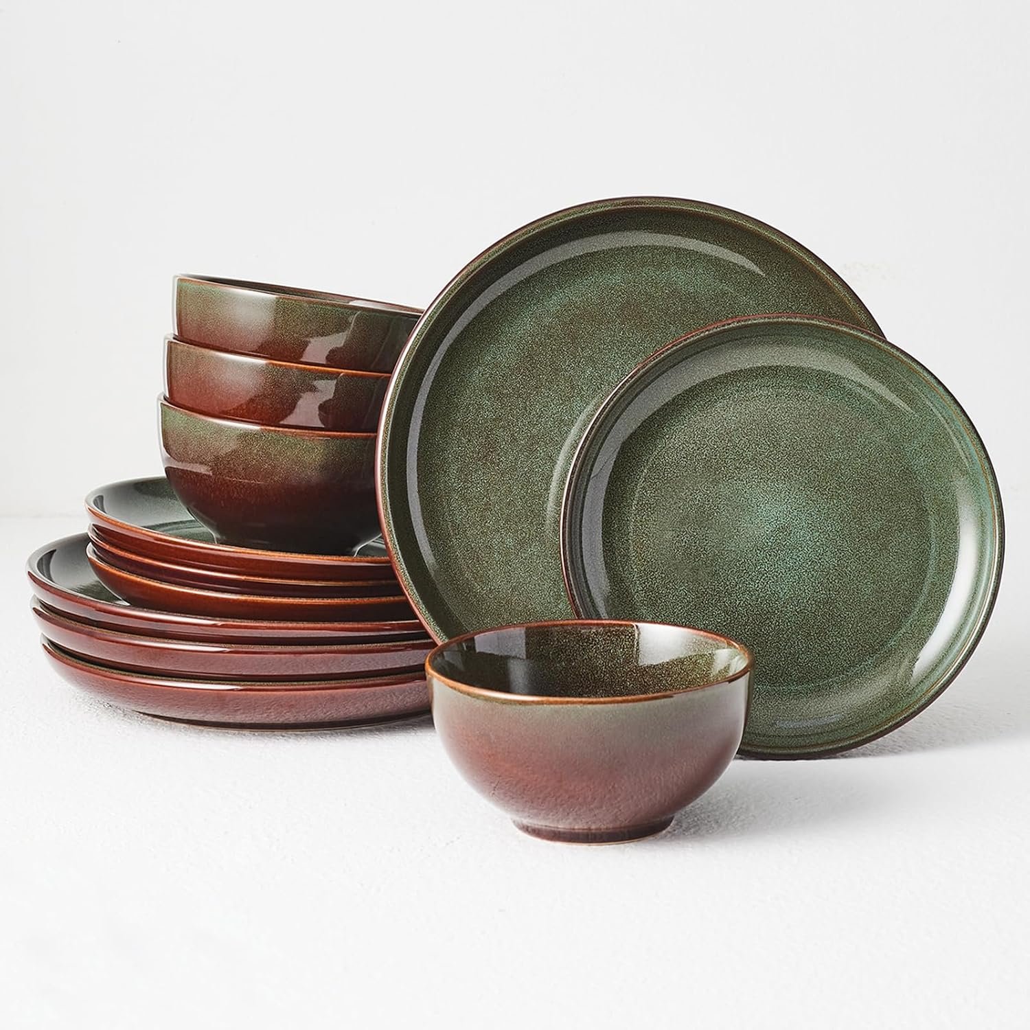 Pokini Stoneware Dinnerware Sets for 4, 12pcs Plates and Bowls Sets Dishes