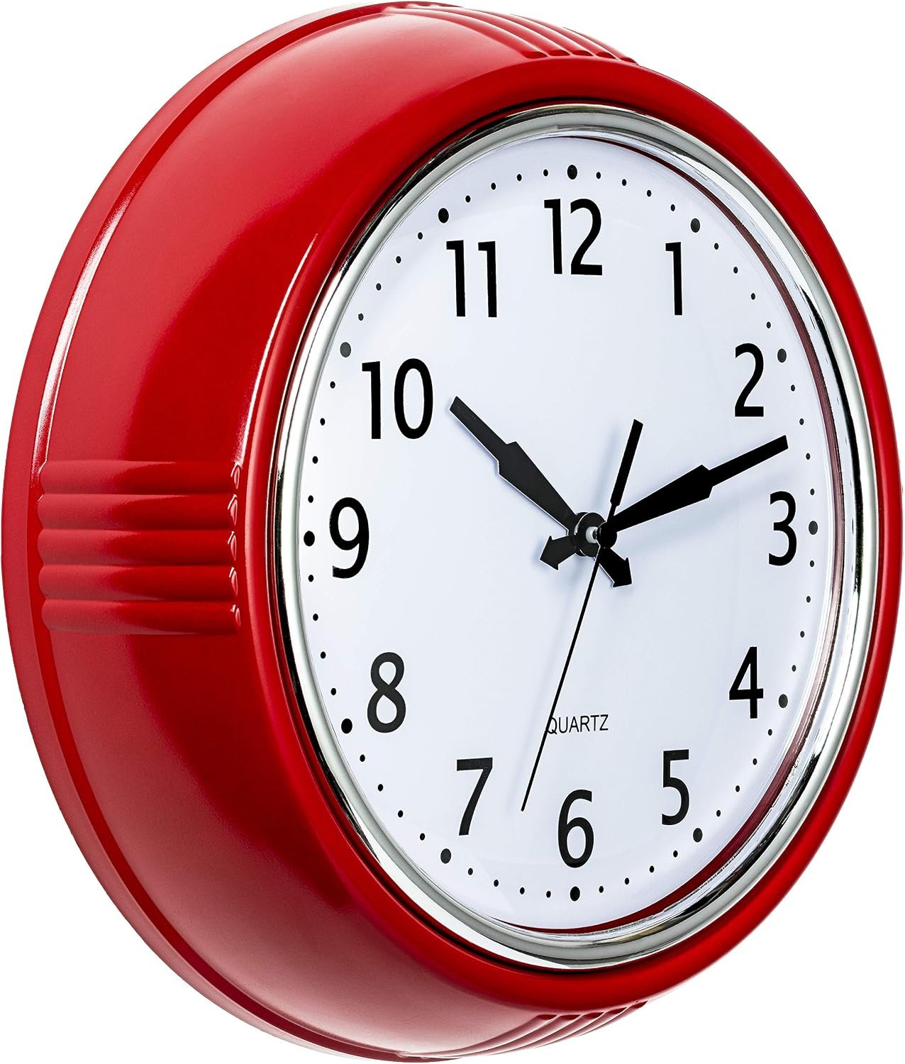 Bernhard Products Retro Wall Clock 9.5 Inch Red Kitchen 50’s Vintage Design Round Silent Non Ticking Battery Operated Quality Quartz Clock