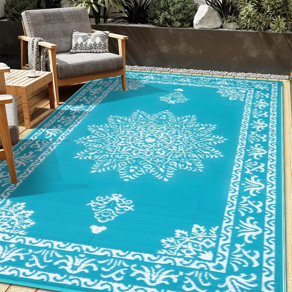 5x8Ft Outdoor Rug Waterproof Plastic Straw Outdoor Patio Rug, Teal
