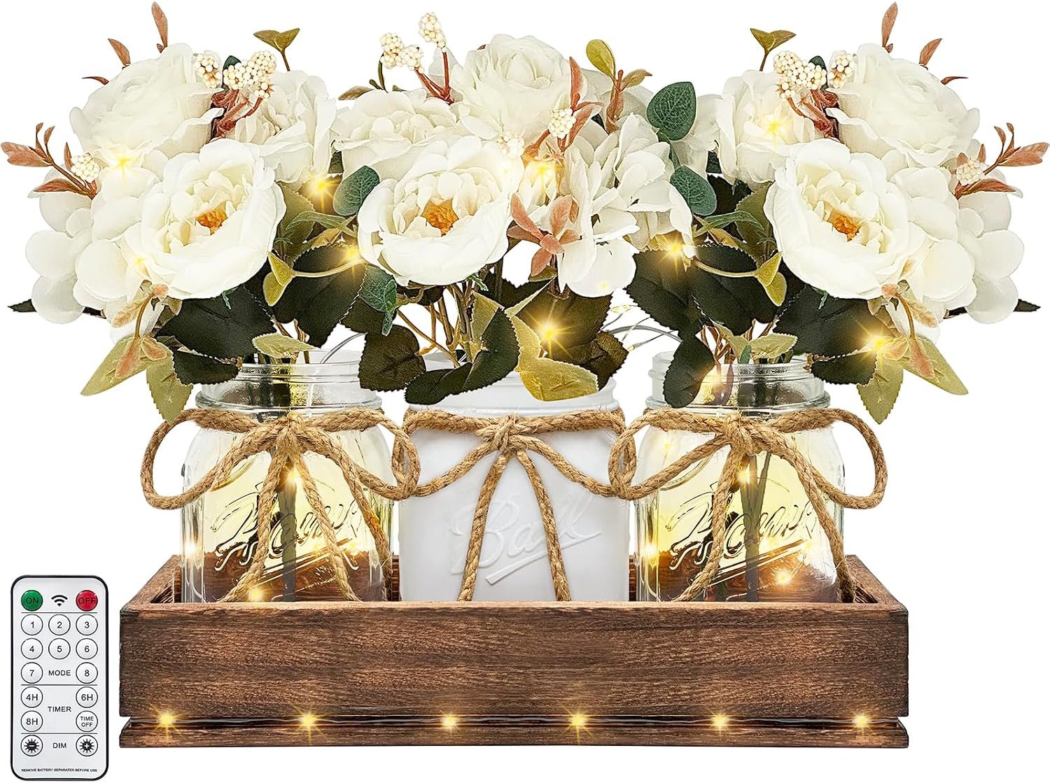 HOMECOR Mason Jar Centerpiece Table Decor with Remote Control LED Lights