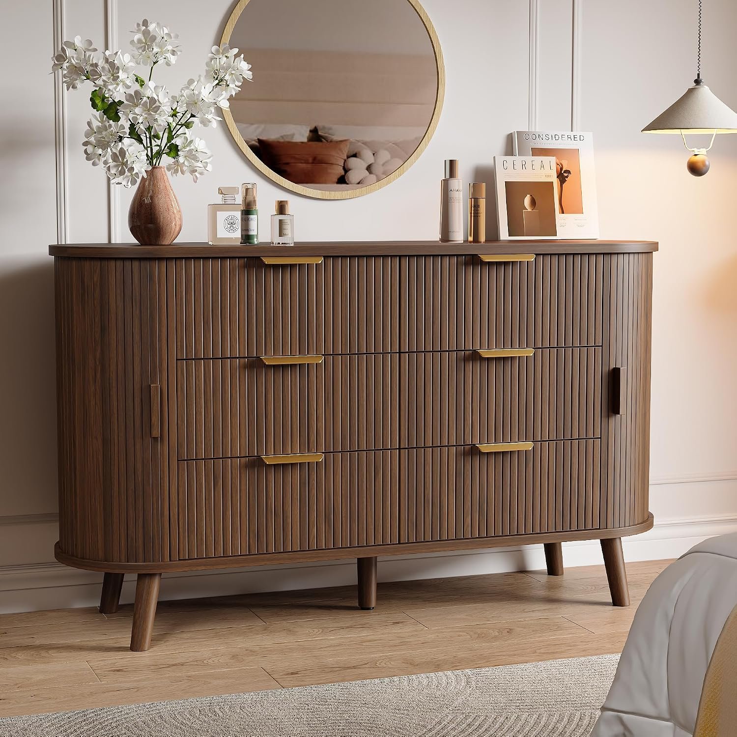 Decofy Fluted 6 Drawer Dresser, 55″ Mid Century Modern Chest of Drawers