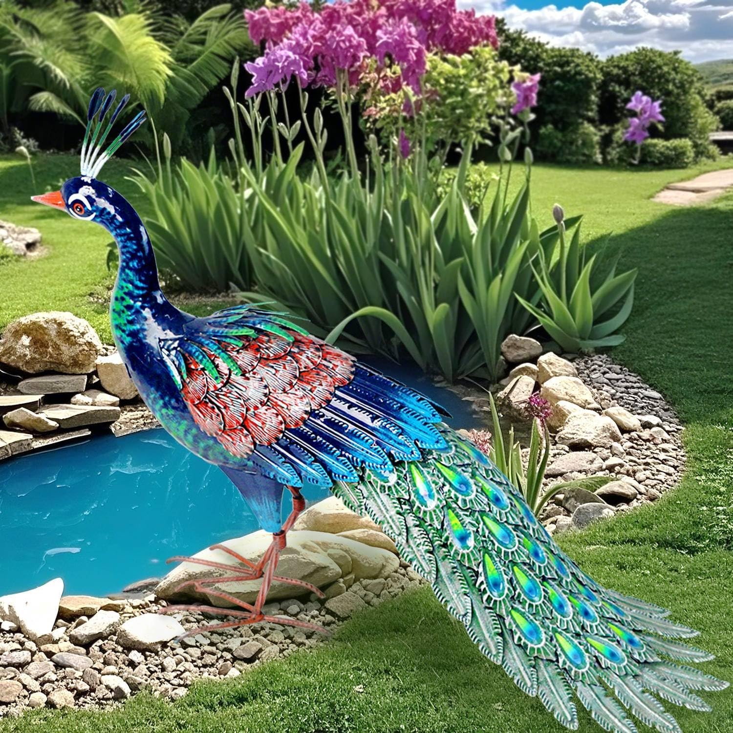 Kircust Outdoor Metal Peacock Statue, 24″ L