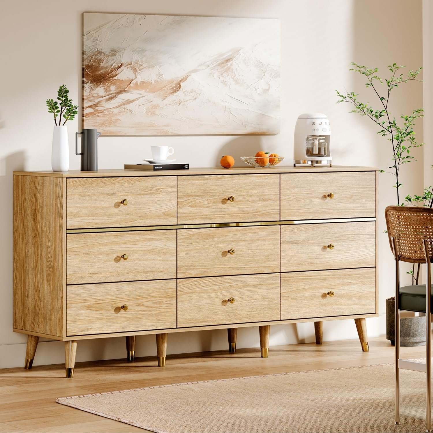 Chrangmay 9 Drawer Dresser,47″ Wide Mid Century Modern Chest of Drawers,Wooden Bedroom Drawer Dresser with 9 Storage Drawers for Bedroom, Living Room,with Anti-Tipping Device,Yellow