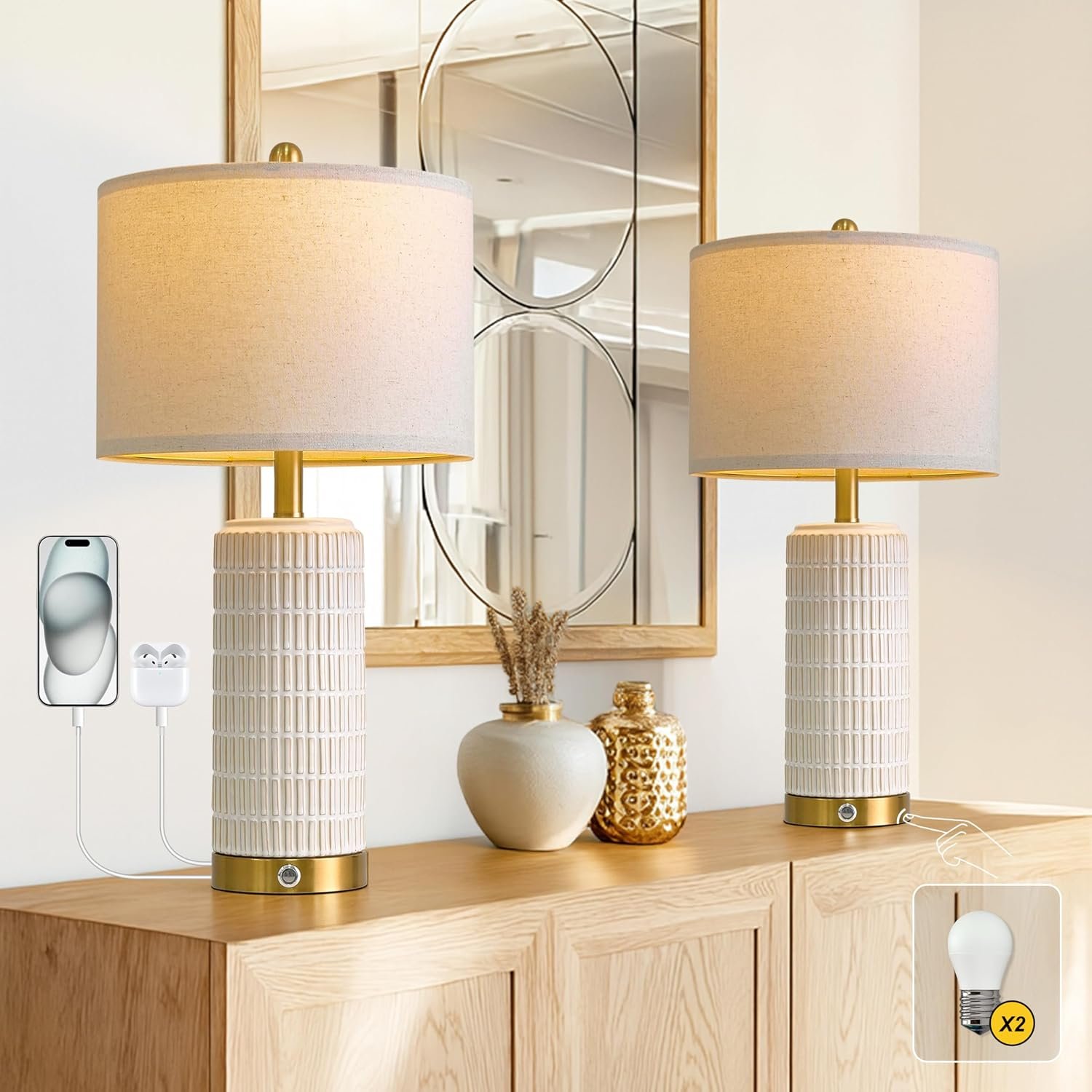 PoKat Touch Bedside Table Lamps with 2 USB for Bedroom Living Room, 25”