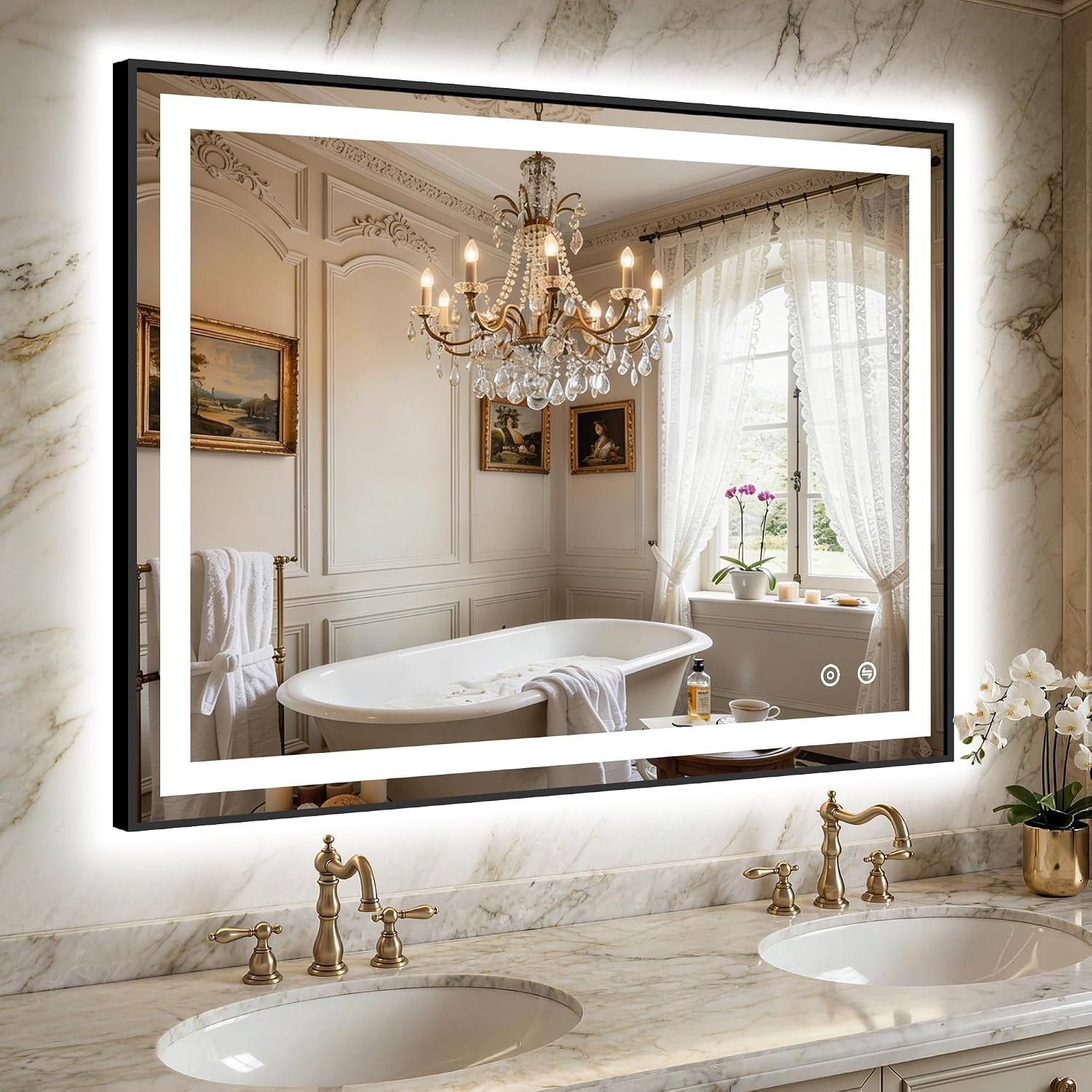 LED Bathroom Mirror with Lights, 30″x40″ Black Framed Lighted Vanity Mirror